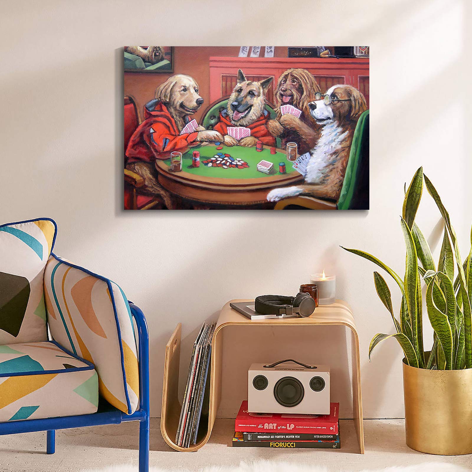 Denozer - Dogs Playing Poker by Cassius Marcellus Coolidge Oil Painting Reproduction - Premium Giclee Canvas Print, Gallery Wrapped & Ready to Hang (48x32 inches) - Perfect for Entertainment Room, Game Room, or Man Cave Wall Decor