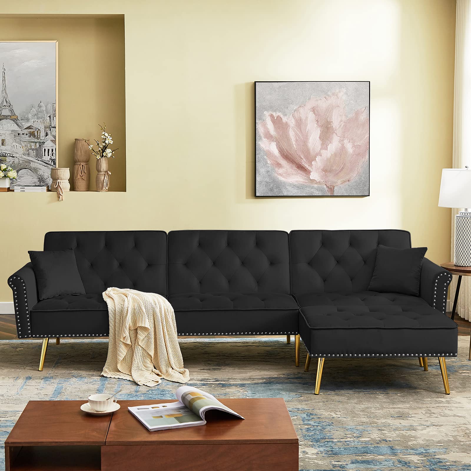 110-inch Convertible Sectional Sofa Bed - Modern Velvet Upholstered L-Shaped Couch with Reversible Chaise & Nail Head Trim, Mid-Century Modular Sofa Set for Living Room, Apartment, Dorm (Black) - Space-Saving Sleeper Sofa for Small Spaces & Guest Rooms