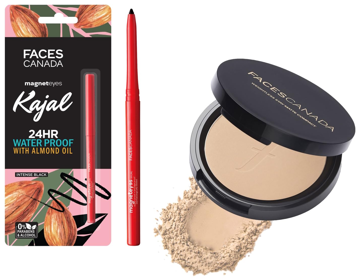 Faces Canada Weightless Stay Matte Compact Powder with Vitamin E & Shea Butter - SPF 20 Sand 04 (9g) & Magnet Eyes Kajal Eyeliner (0.35g) - Oil Control Makeup for Oily Skin, Long-Lasting Matte Finish for Daily Use & Party Looks