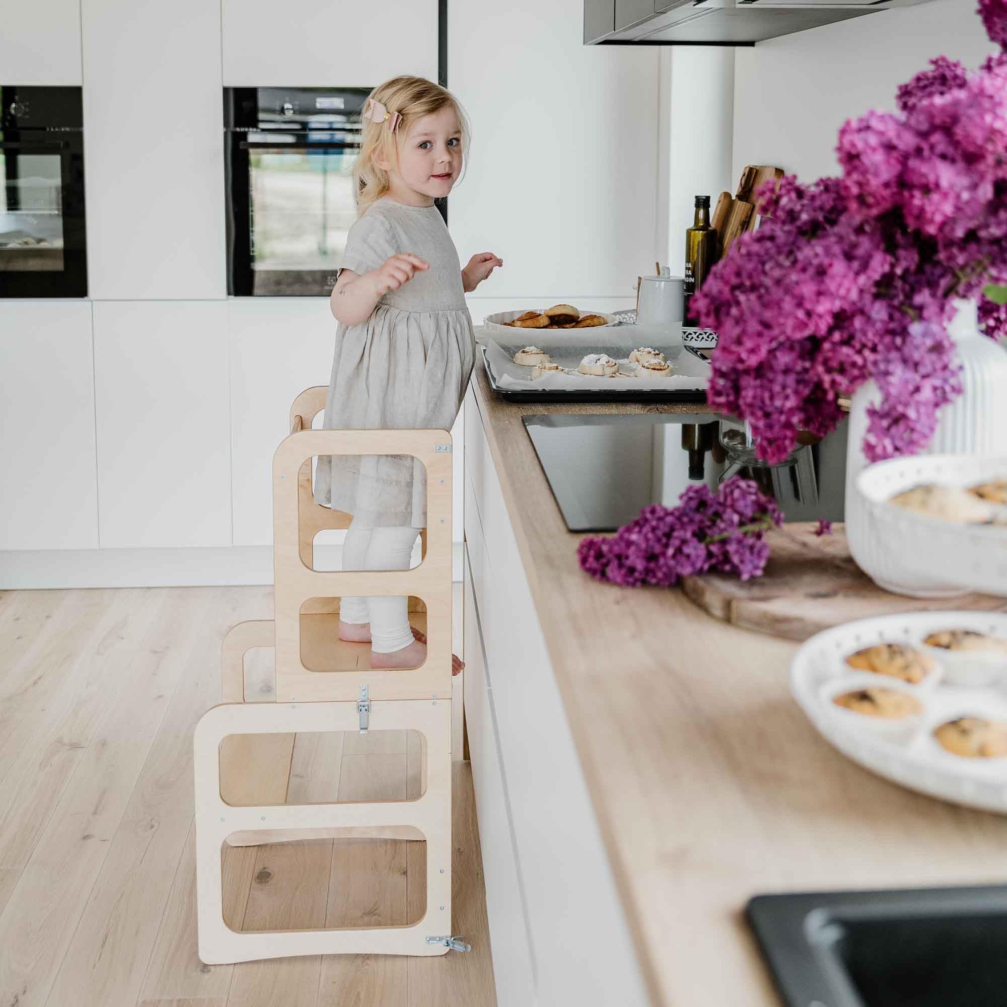 Montessori Kitchen Tower for Toddlers - Foldable Wooden Step Stool & Learning Tower for Kids - Safe Observation Stool for Cooking & Baking - Natural Wood/Lacquered Finish - Perfect for Home Kitchen & Montessori Classroom Activities