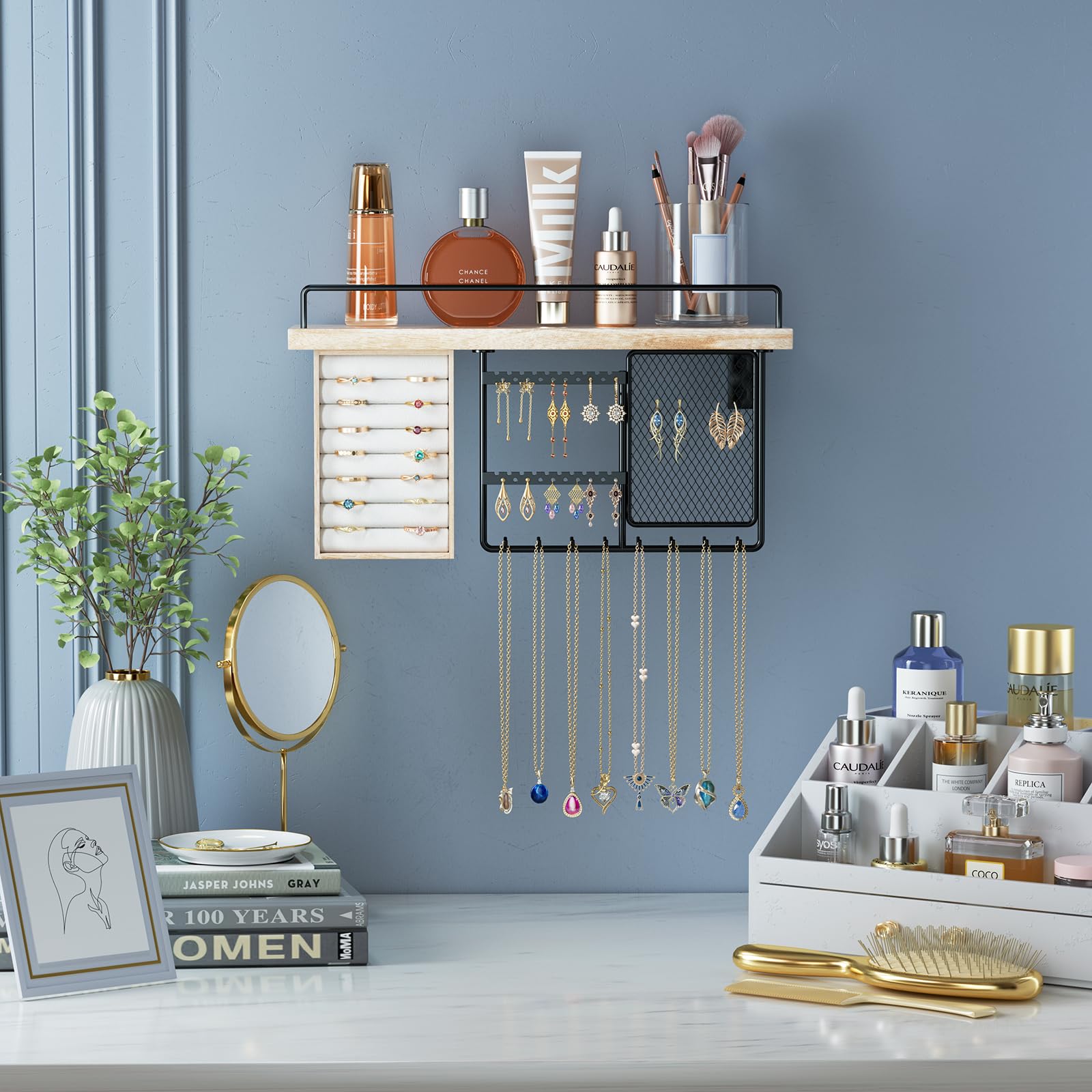 Lolalet Wall Mounted Jewelry Organizer with Wood Shelf & Hooks - Display Rings, Earrings, Bracelets & Necklaces - Space Saving Bedroom & Bathroom Storage Solution