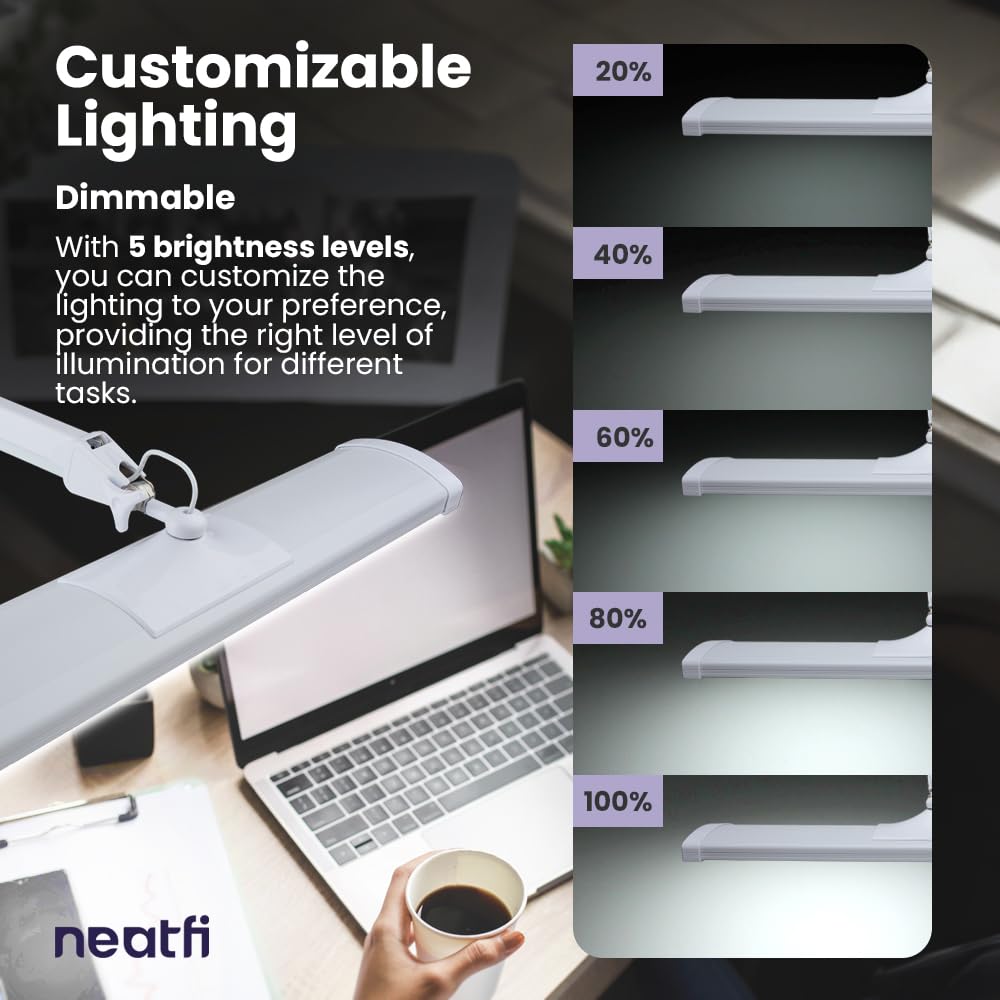 Neatfi 3,500 Lumens Ultra Bright LED Desk Lamp - 26 Inch Adjustable Dimmable Task Light with 270 SMD LEDs, 45W Energy Efficient Office & Home Lighting (White, Non-CCT with Base) - Perfect for Reading, Studying, Working & Crafting