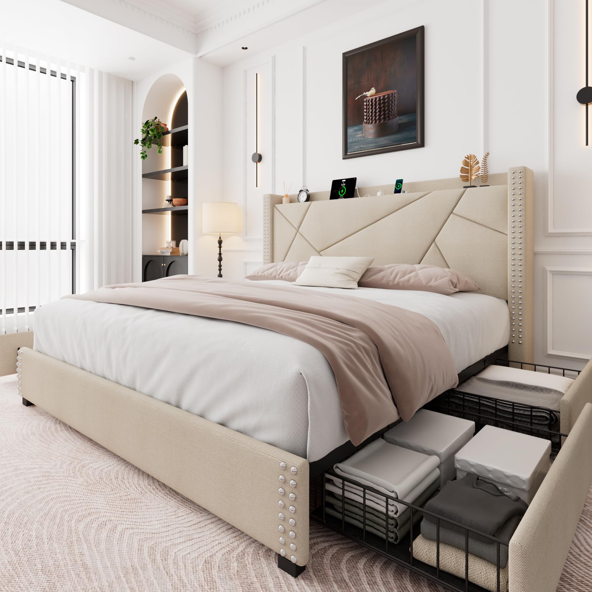 **Feonase Full Size Bed Frame with 4 Storage Drawers & USB Charging Station - Upholstered Platform Bed with Wingback Headboard, Solid Wood Slats, No Box Spring Needed, Noise-Free, Beige - Perfect for Small Bedrooms, Guest Rooms & Apartments**