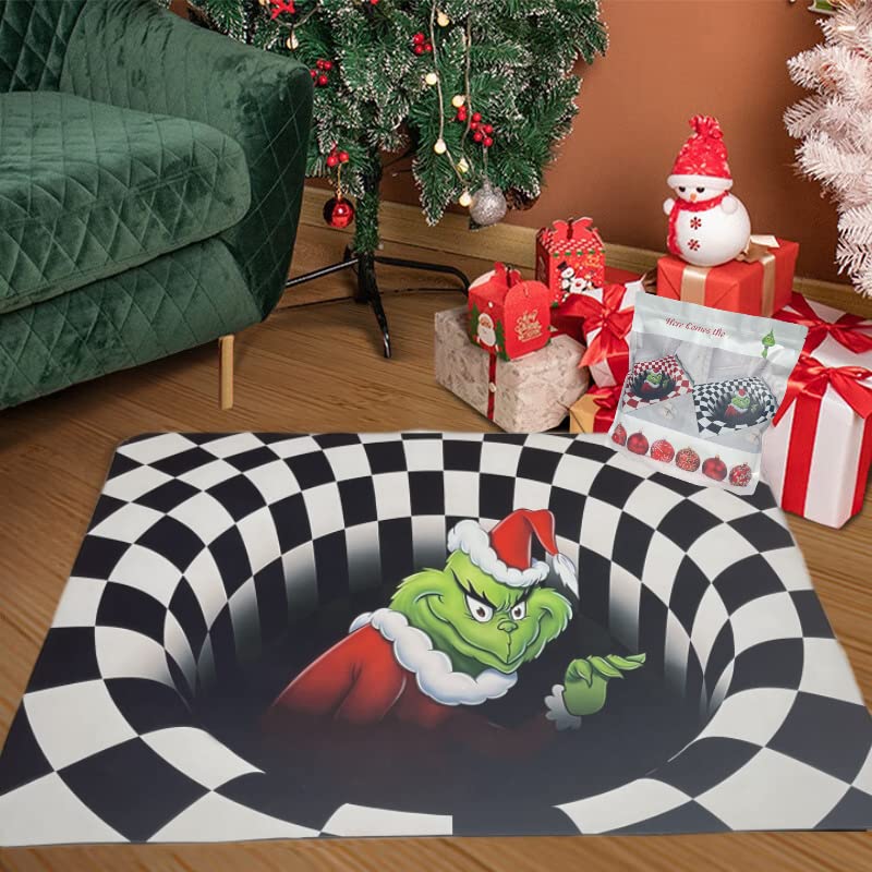3D Illusion Christmas Doormat - Grinch Themed Holiday Welcome Mat, Non-Slip Indoor/Outdoor Rug (19.6x31.4 Inches, Black) - Perfect for Front Door Decor, Xmas Party & Festive Home Entrance