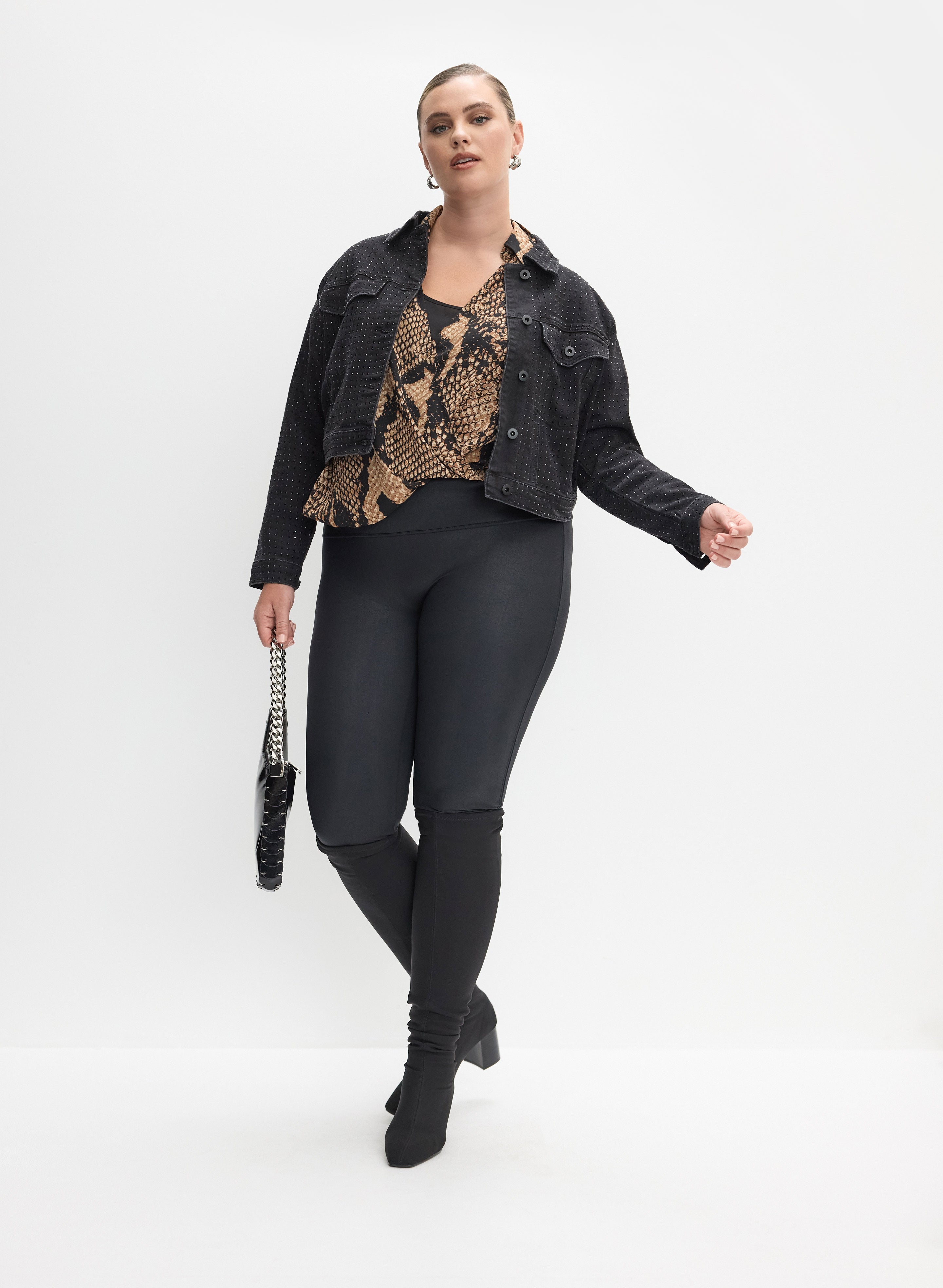 Embellished Cropped Denim Jacket & Vegan Leather Leggings Set - Women's Fashion Outfit for Casual Wear, Street Style & Night Out