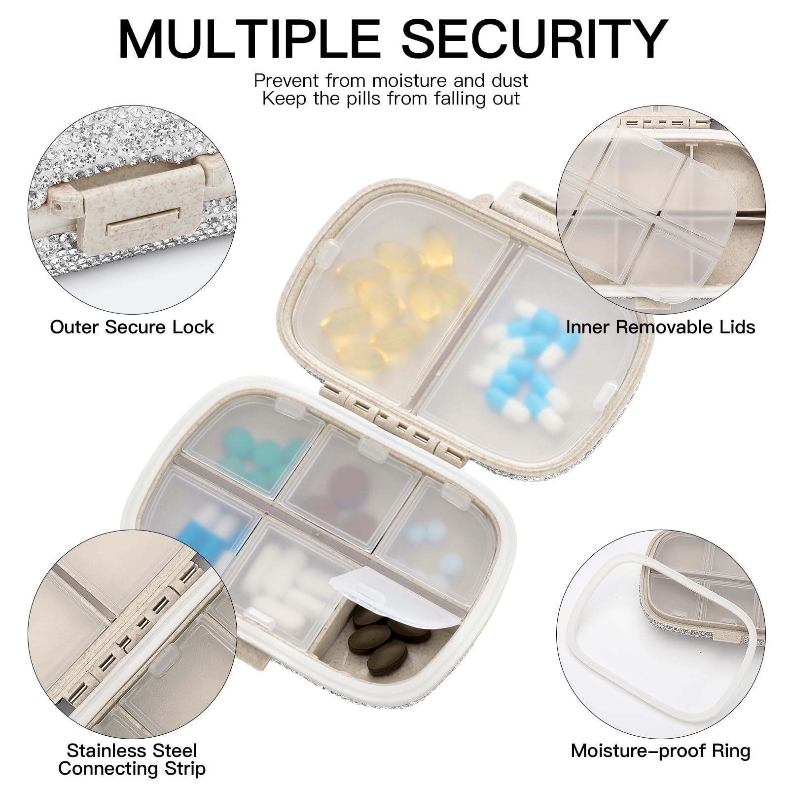Soleebee 8-Compartment Portable Pill Organizer - Bling Crystal Diamond Pill Box for Daily Vitamins, Fish Oil & Medication - Compact Travel Pill Case for Home, Office & On-The-Go (Silver)