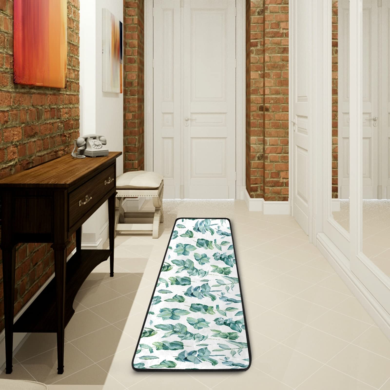 Non-Slip Green Eucalyptus Leaf Tropical Plant Runner Rug - 2x6 FT Indoor/Outdoor Floor Mat for Hallway, Kitchen, Bathroom & Bedroom Entry | Soft Eco-Friendly Carpet for Home Decor & High Traffic Areas