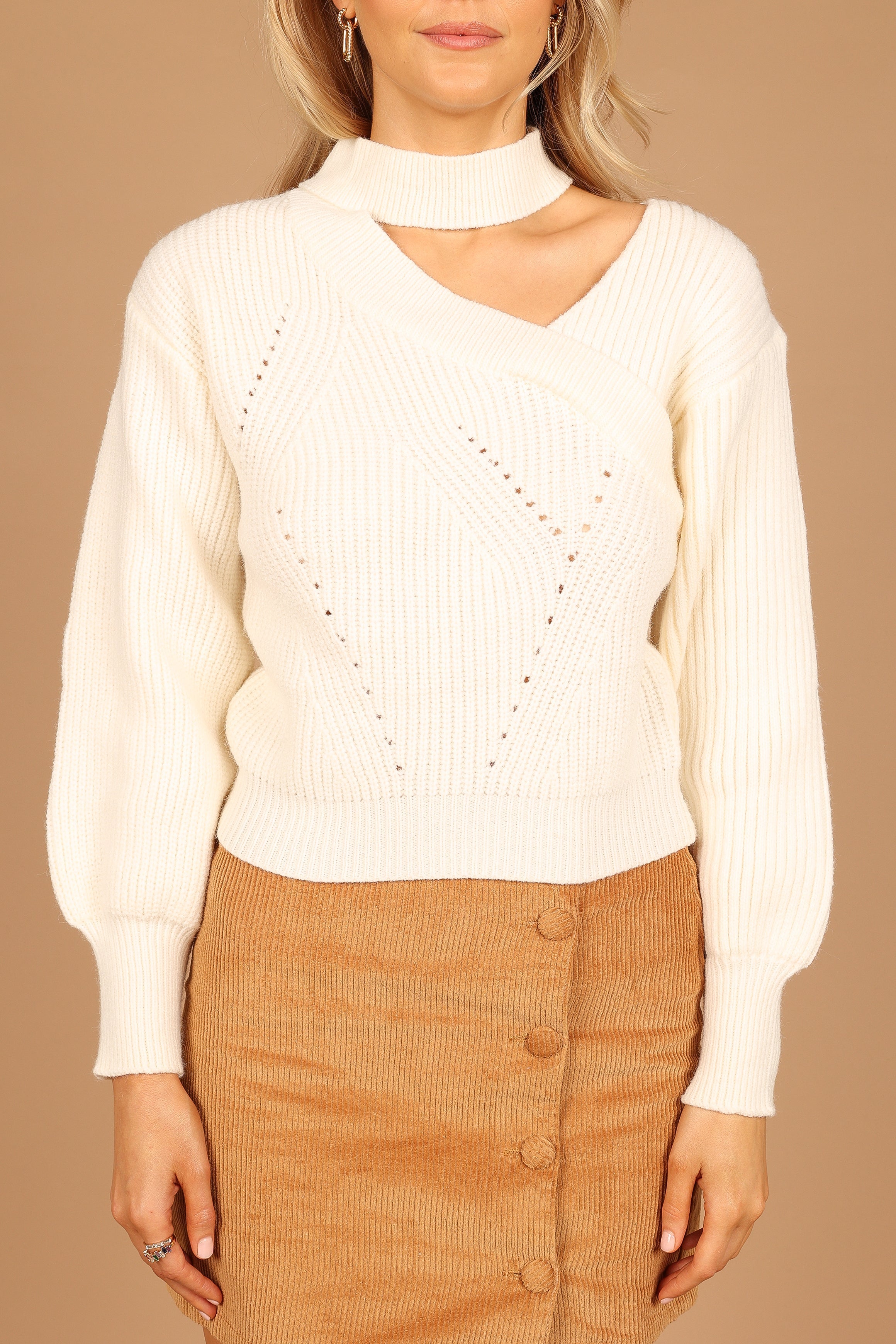 Briana Mock Neck Cutout Knit Sweater for Women - Ivory Winter Pullover | Cozy Casual Wear for Office, Date Night & Fall Outfits