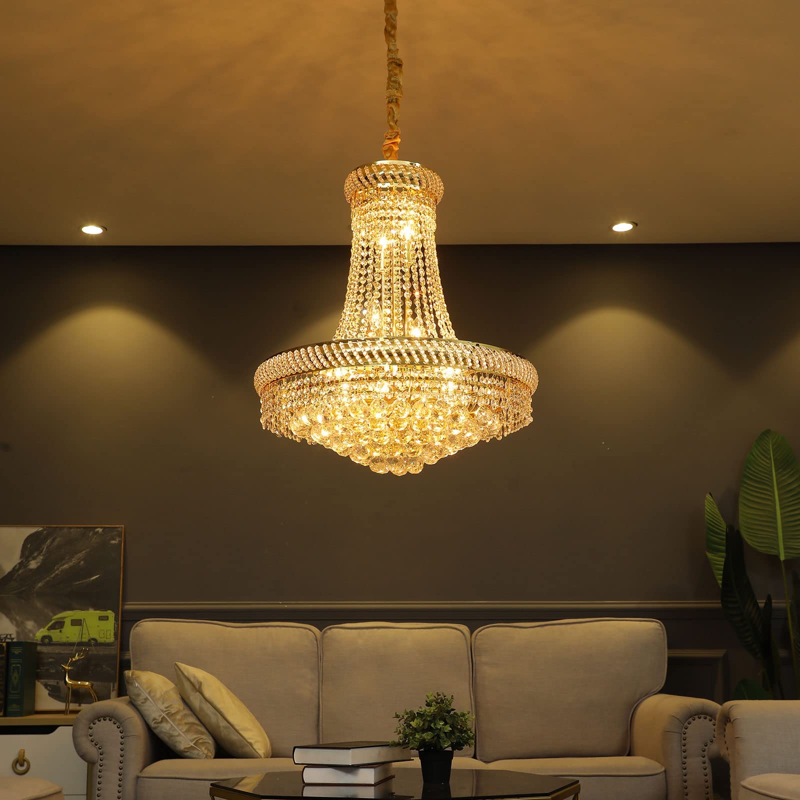 Modern K9 Crystal Chandelier - 14-Light E12 Base Golden Finish Empire Style Ceiling Light Fixture - 23.6
