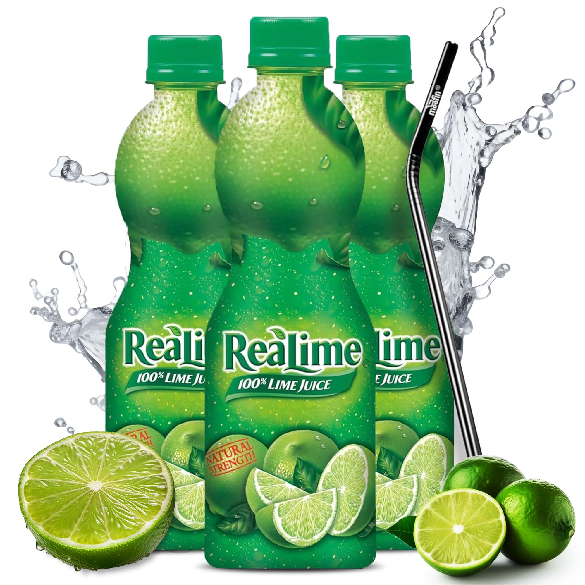 Organic Lime Juice 8 Fl Oz - 100% Natural Fresh Lime Juice for Cocktails, Cooking & Healthy Snacks | No Artificial Flavors | Includes Moofin SS Metal Straw | Perfect for Margaritas, Salad Dressings & Hydration (Pack of 3)