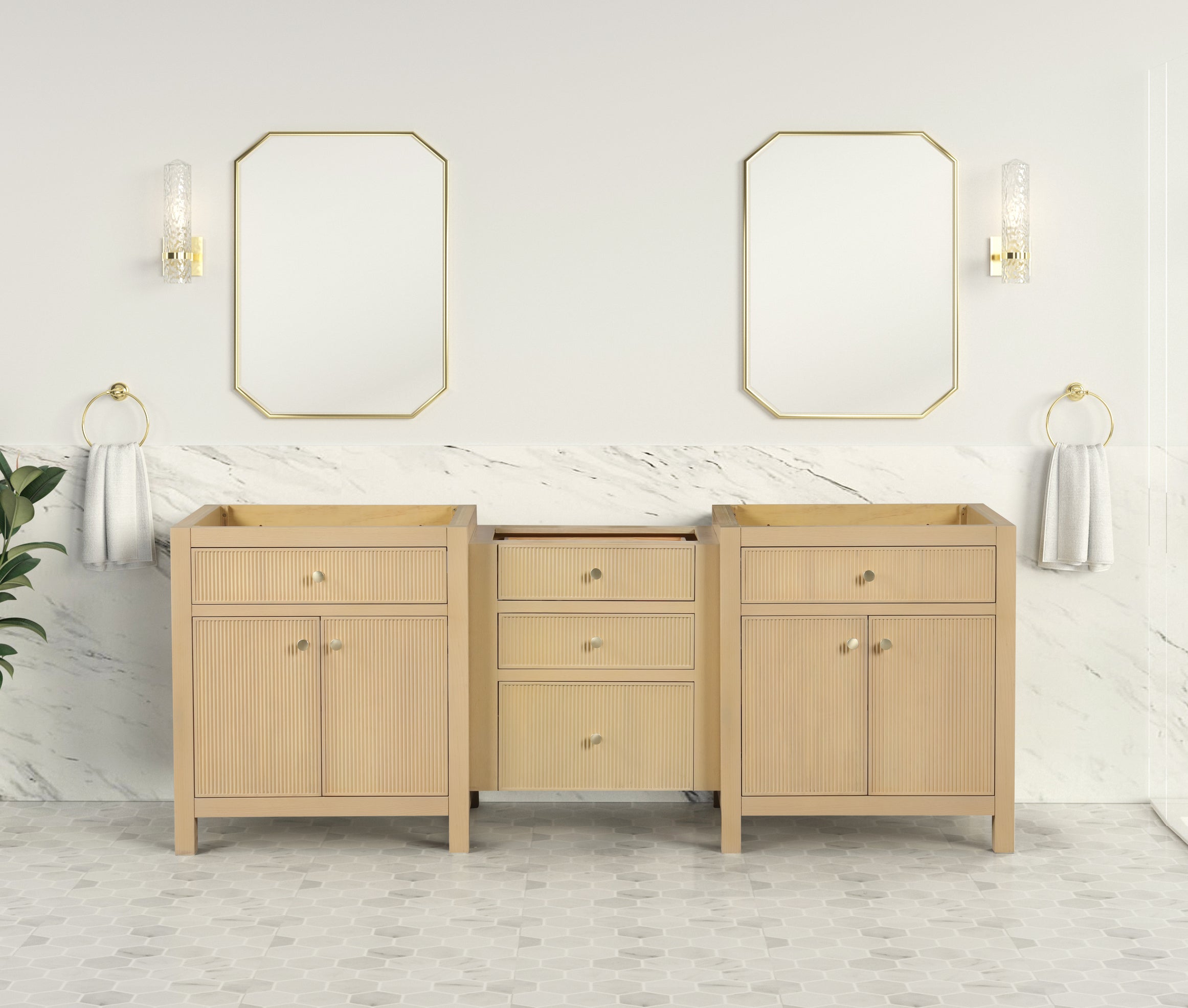 Bristol 84 Inch 3-Drawer Bridge All-Wood Bathroom Vanity in Natural White Ash - Cabinet Only for Modern Home Bathroom Remodel