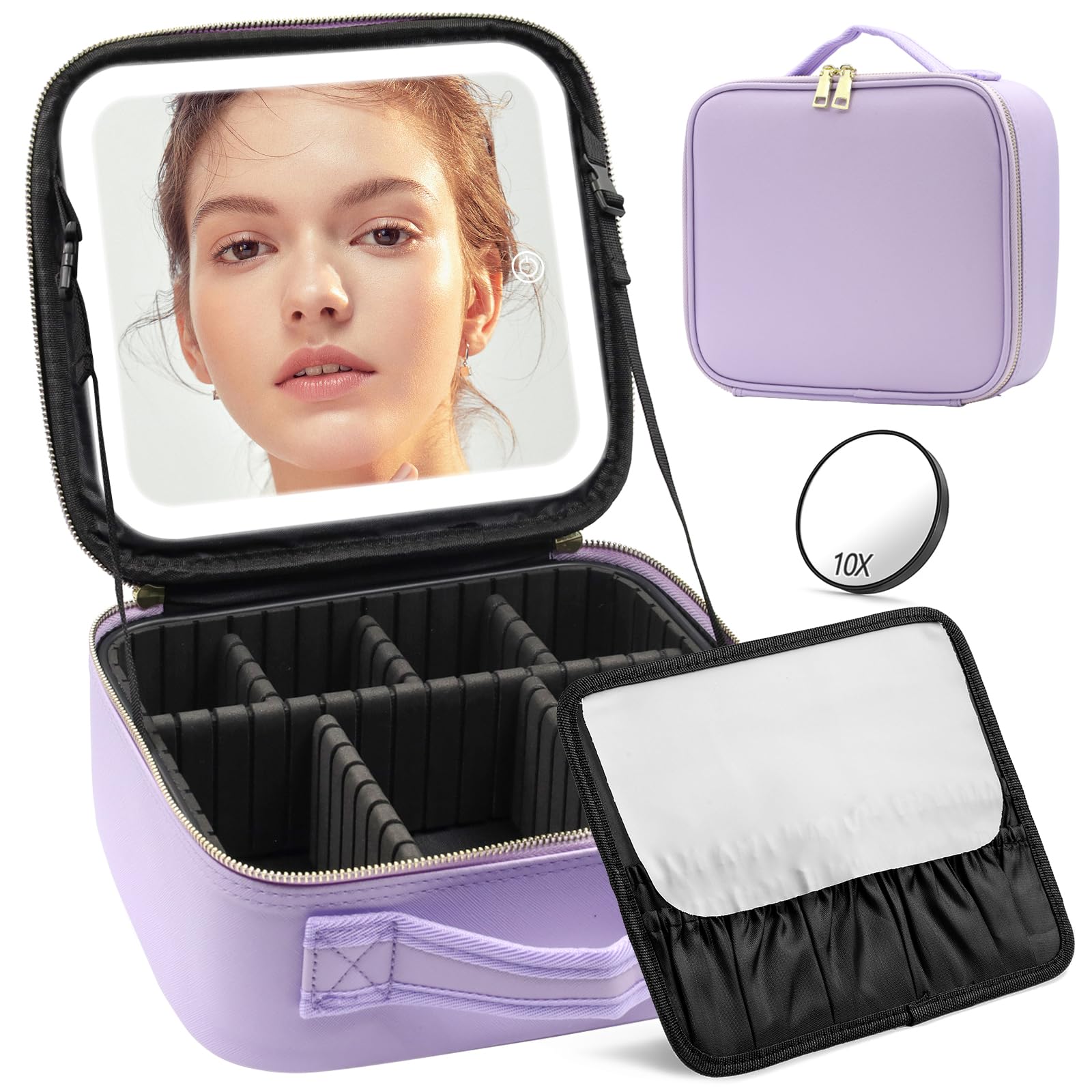 Lighted Travel Makeup Bag with Mirror - 3 Color Modes, Adjustable Brightness | Perfect for Travel & Home Use (Purple)