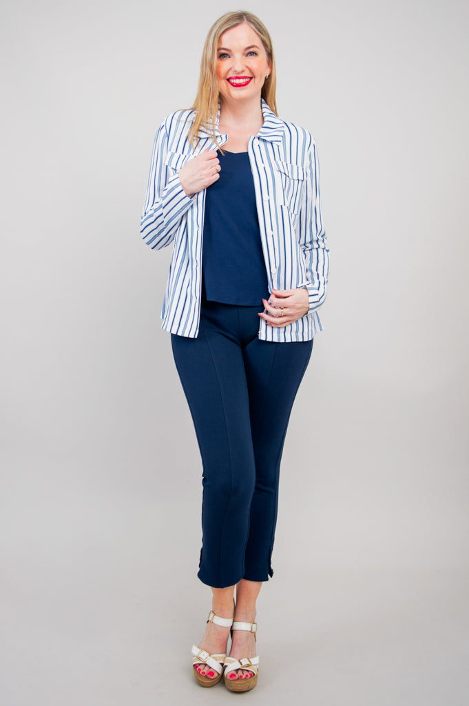 Lauren Jacket for Women - Indigo Stripe Linen Bamboo Blend Lightweight Cardigan - Perfect for Spring, Summer & Casual Office Wear