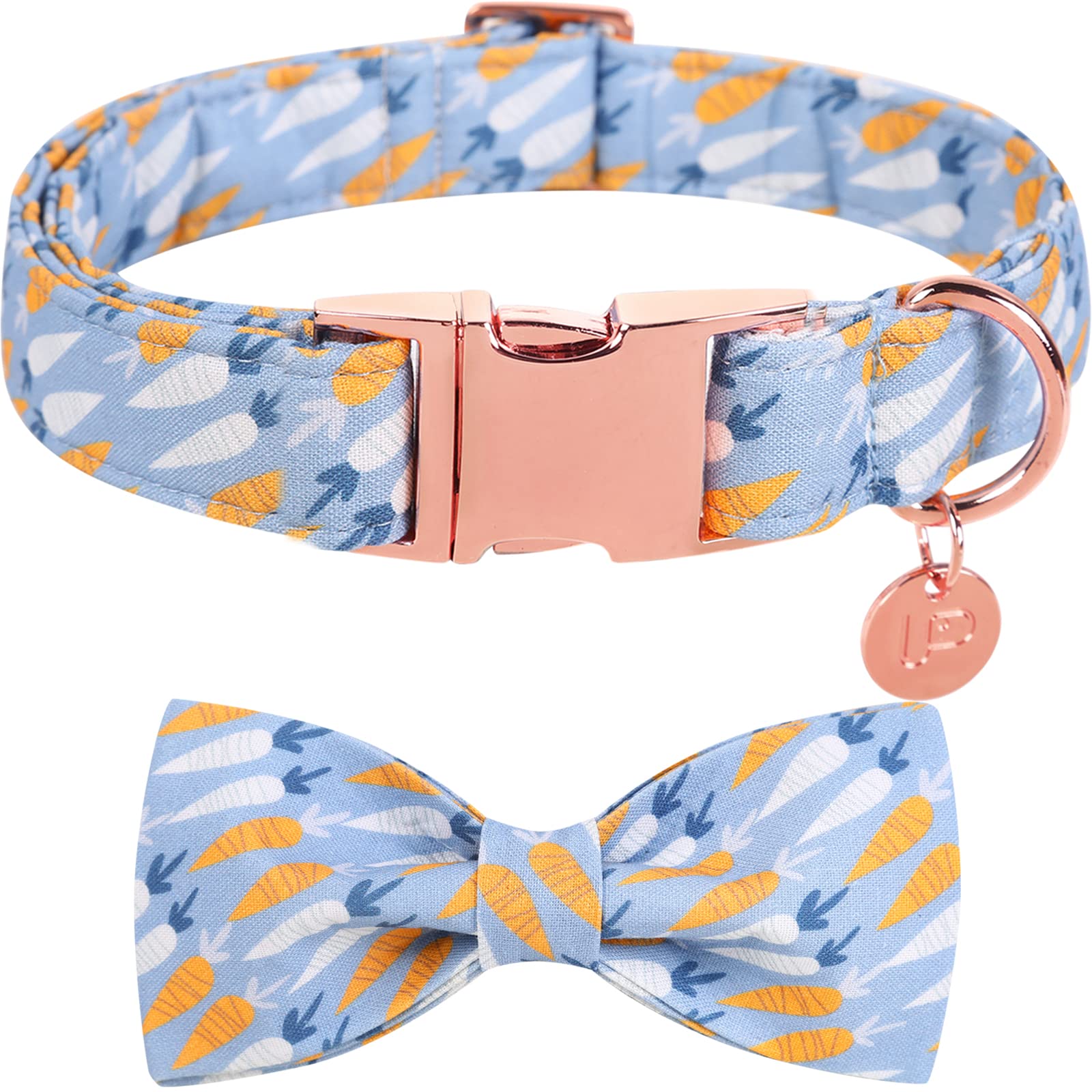 Easter Dog Collar with Bow Tie - Adjustable Cotton Pet Collar for Large Dogs, Cute Carrot Design with Metal Buckle - Perfect Easter Gift for Boy & Girl Dogs (Blue, Size L) - Great for Easter Photos, Parties & Holiday Outfits