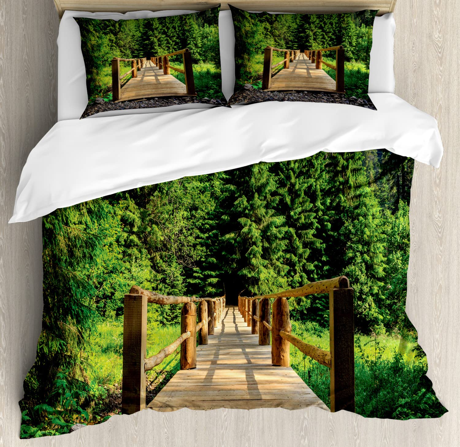 Ambesonne Landscape Duvet Cover Set - Wooden Bridge in Pine Forest Summer Scene | Twin Size 2-Piece Bedding Set with 2 Duvet Covers & 2 Pillowcases | Green & Pale Brown Nature Theme | Perfect for Cozy Bedrooms, Guest Rooms & Vacation Cabins