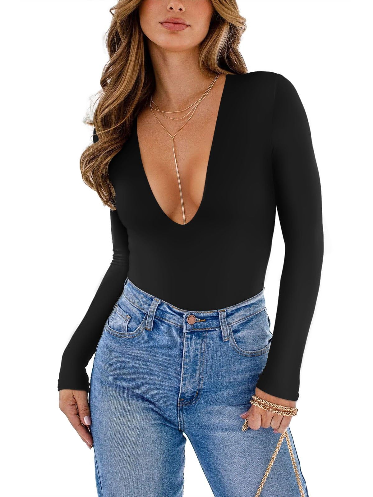 REORIA Women's Deep V Neck Long Sleeve Bodysuit - Sexy Plunge Neckline, Double Lined T-Shirt Top for Going Out, Date Night or Party Wear