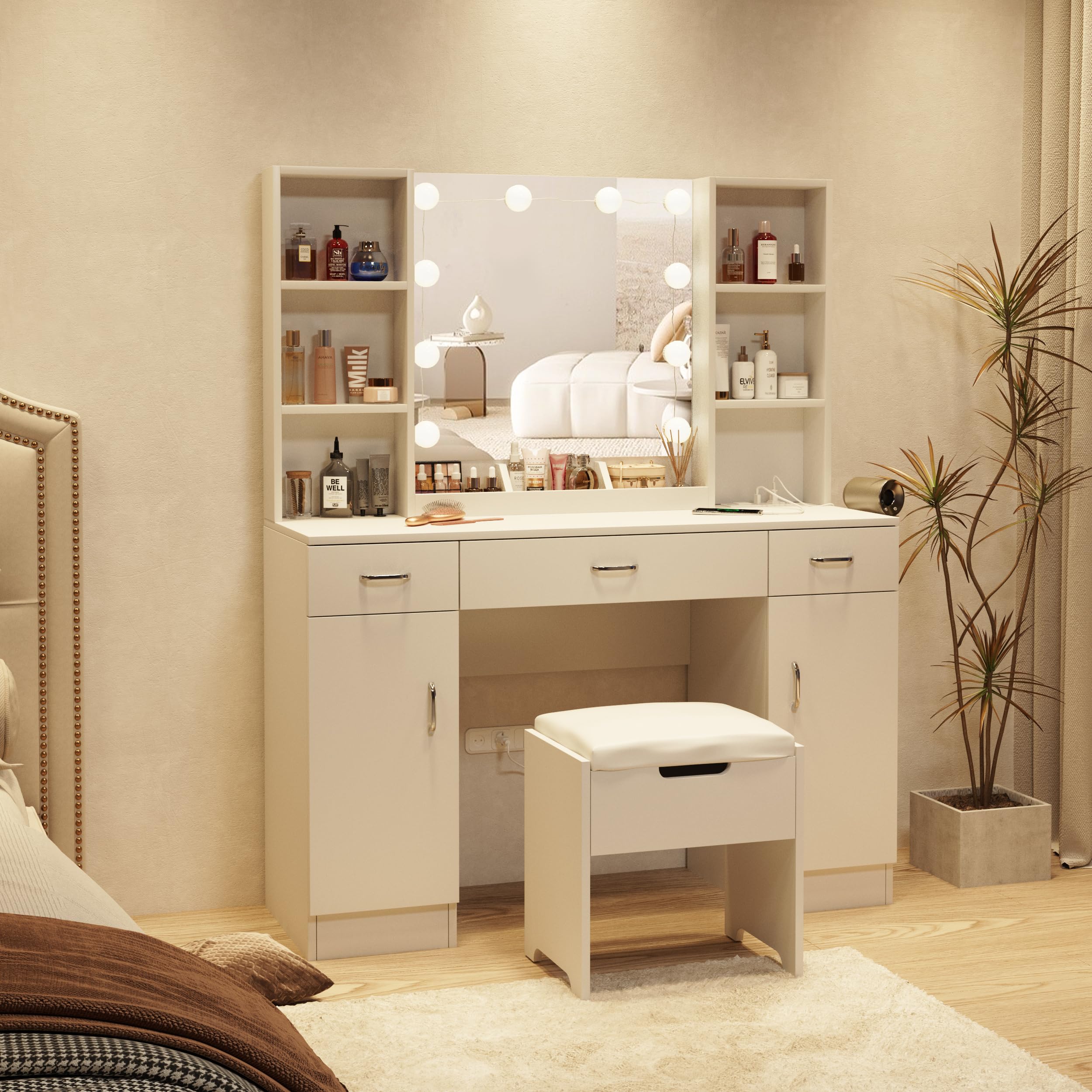 Premium Makeup Vanity Table with LED Lighted Mirror & Built-in Outlets - Large Dressing Table with Ample Storage, 3 Lighting Modes & Adjustable Brightness (45 Inch) - Perfect for Home Beauty Salon, Bedroom Decor & Professional Makeup Artists