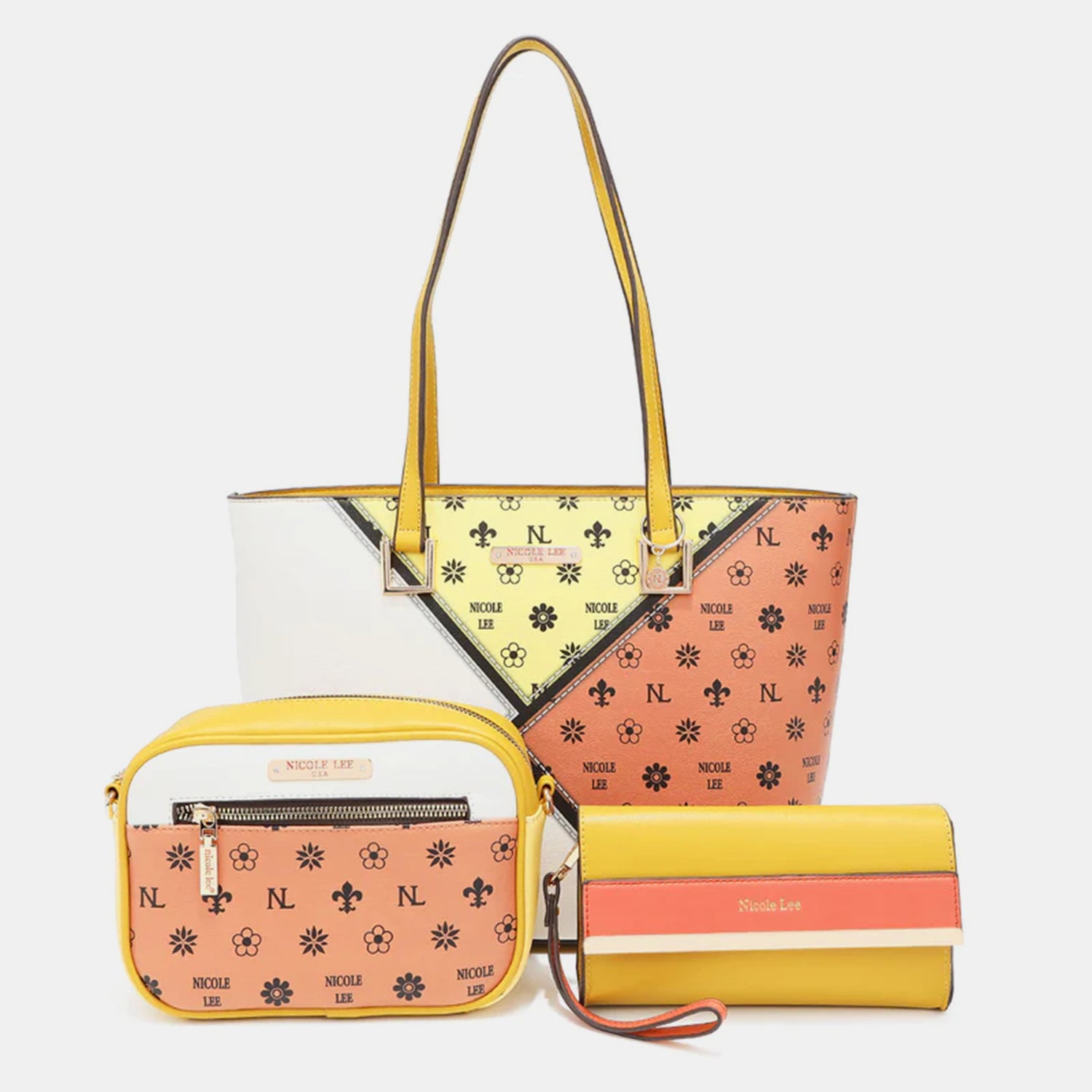 Nicole Lee USA 3 Piece Color Block Handbag Set - Trendy Women's Tote, Crossbody & Clutch Purse Combo for Work, Travel & Evening Out