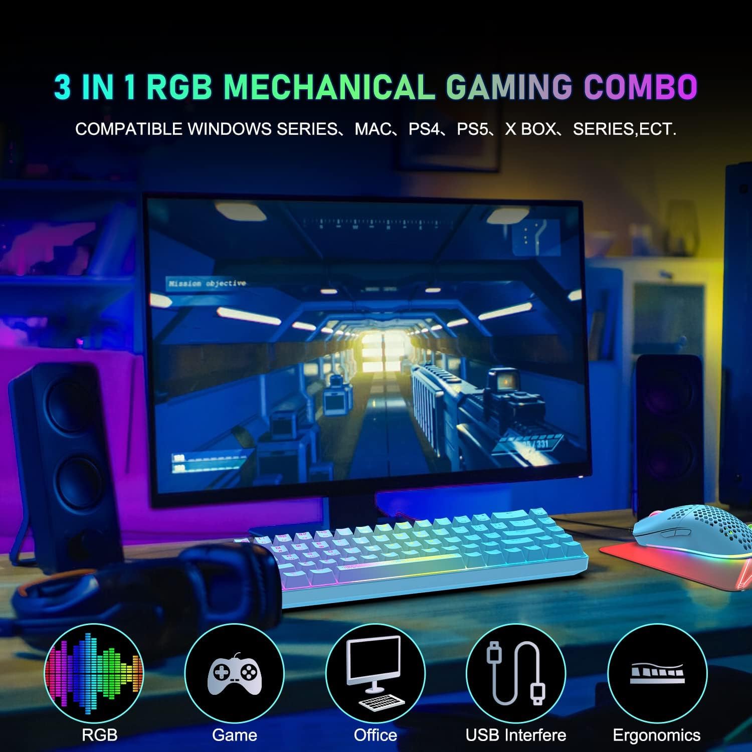 LexonElec KM614 65% RGB Mechanical Keyboard & Mouse Combo for Gaming & Office - Blue Switch