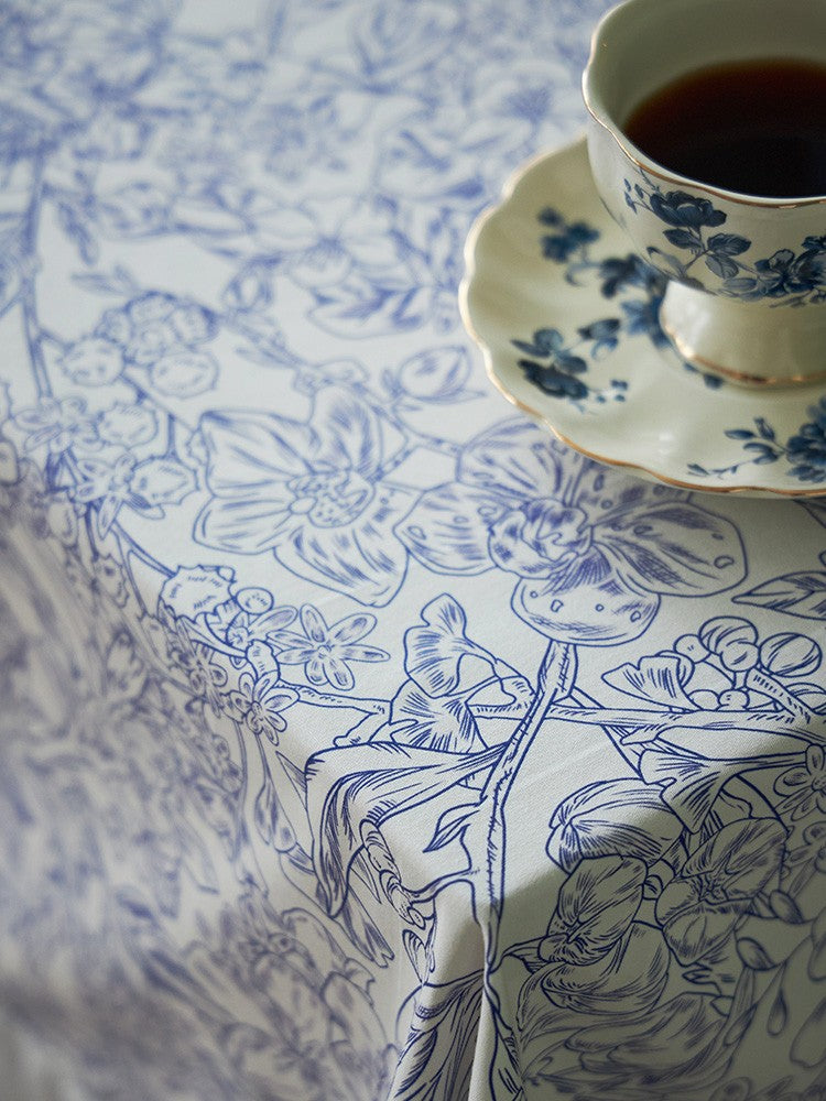 Natural Cotton Rectangle Tablecloth for Dining Room - Blue Floral Farmhouse Table Cover for Square or Round Tables | Perfect for Spring Decor, Dinner Parties & Everyday Use