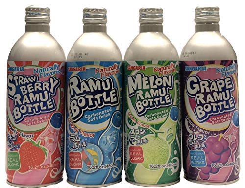 Sangaria Ramune Soda Mix Combo Pack - Original, Melon, Grape & Strawberry Flavors (24 Aluminum Bottles, 16.2 fl oz Each) | Japanese Carbonated Drink for Parties, BBQs & Summer Refreshment