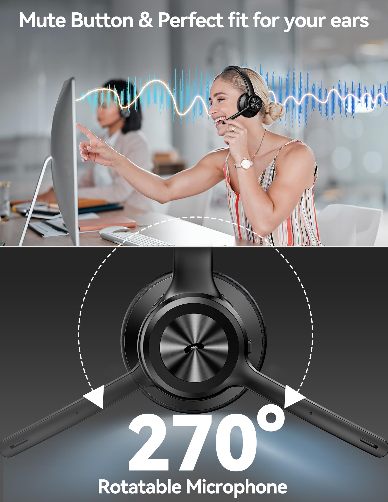 TECKNET Bluetooth Headset with Microphone - Wireless On-Ear Headphones, Noise Canceling, 50H Playtime, Bluetooth 5.2, Mute Function - Ideal for Truckers, Office Calls, Call Centers & Remote Work