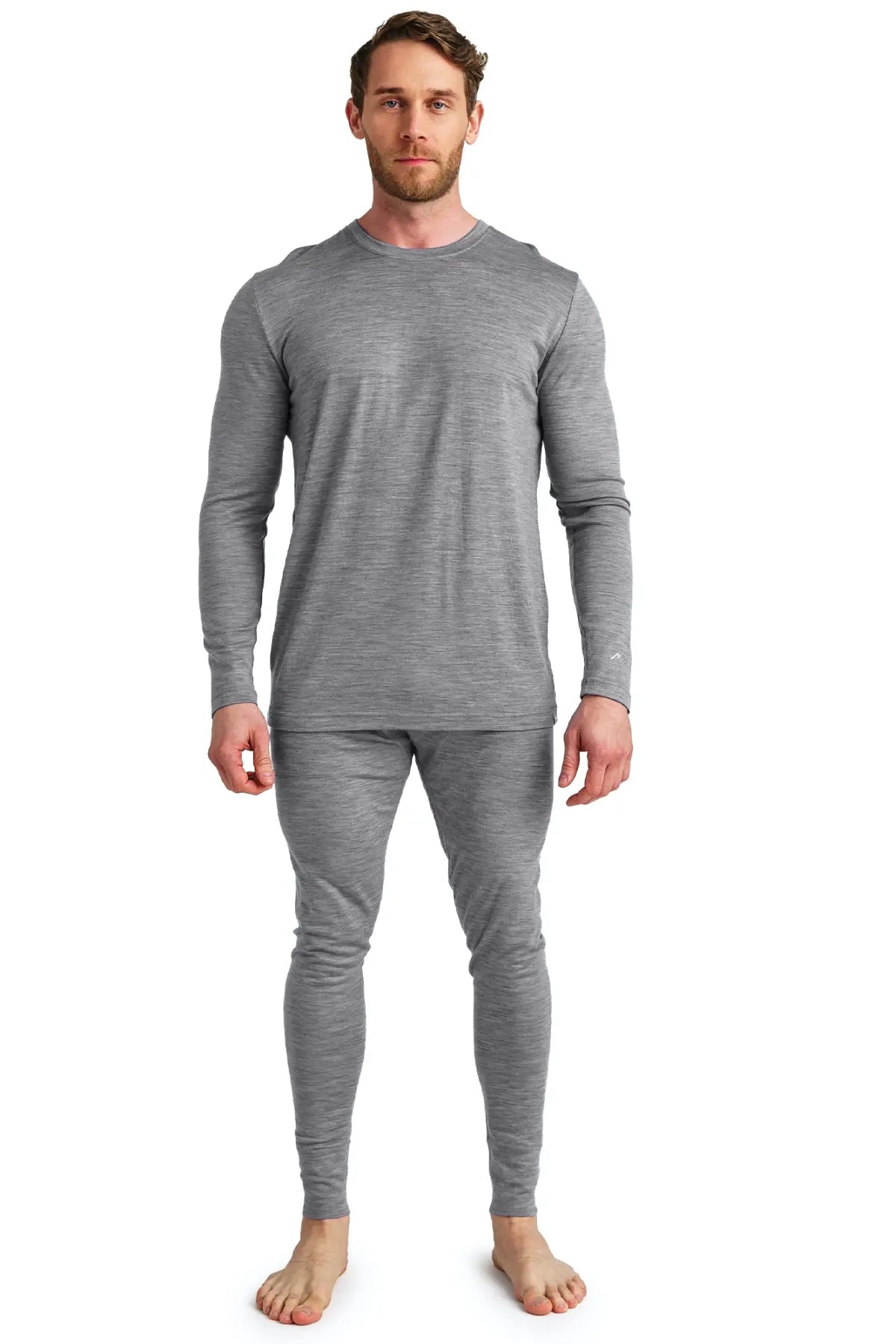 Men's Merino Wool Thermal Underwear Set - 165 GSM Heathered Grey - Base Layer for Winter Hiking, Skiing & Cold Weather Activities