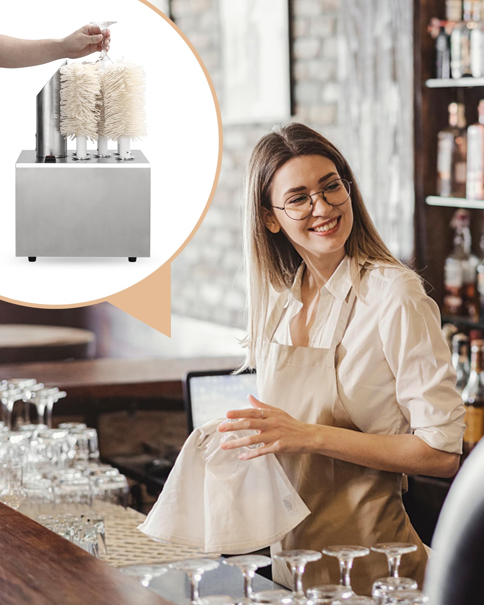 Electric Wine Glass Polisher with 5 Pure Cotton Brushes - Professional Stemware Cleaner for Sparkling Crystal Glasses - Perfect for Home Bars, Restaurants, and Wine Tasting Events