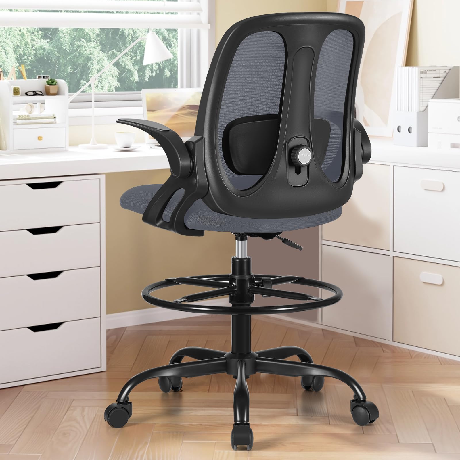 Ergonomic Drafting Chair with Adjustable Lumbar Support & Flip-Up Armrests - High Office Stool with Footrest Ring for Standing Desks - Dark Gray Executive Computer Chair for Architects, Designers & Home Office Use