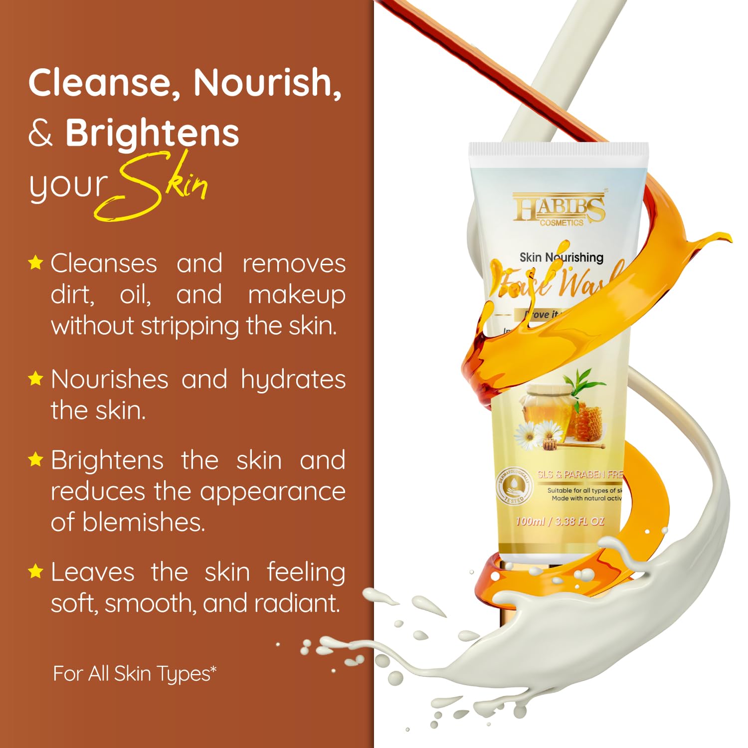 Habibs Nourishing Face Wash for Even Skin Tone - Deep Cleansing, Moisturizing & Brightening Formula (100ml) | Gentle Daily Cleanser for Oily, Dry & Sensitive Skin | Perfect for Morning & Night Skincare Routine
