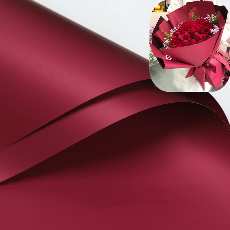 XICHEN 20 Sheets Korean Style Waterproof Floral Wrapping Paper - 58x58cm (22.8x22.8 Inch) for Bouquets, DIY Crafts, Gift Wrapping - Vibrant Wine Red Design - Perfect for Weddings, Birthdays & Home Decor