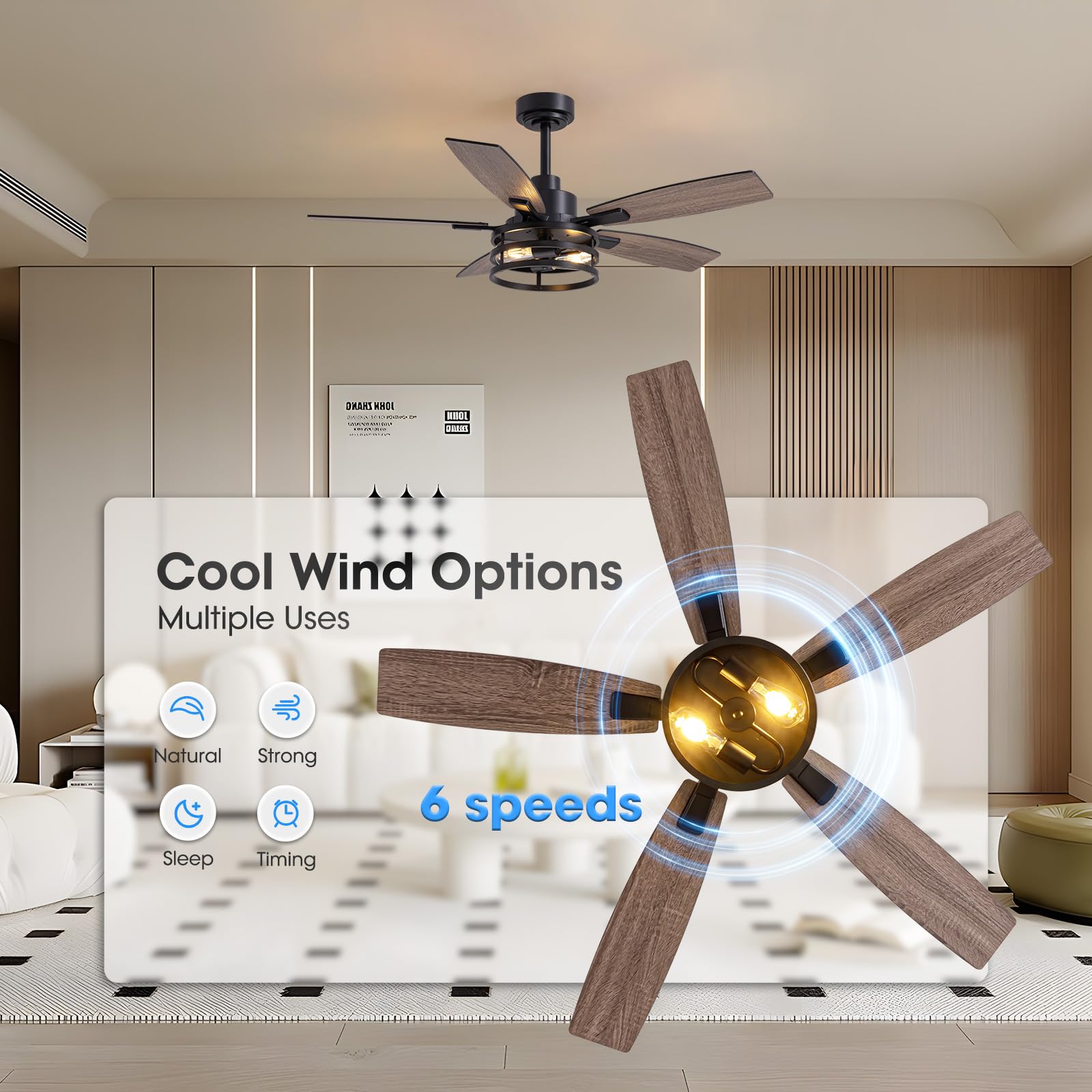 Modern Ceiling Fan with LED Light and Remote Control - Quiet Reversible 3-Speed DC Motor - Perfect for Bedroom, Living Room, and Office (Black, 52 Inch) - Energy Efficient Cooling and Stylish Home Decor