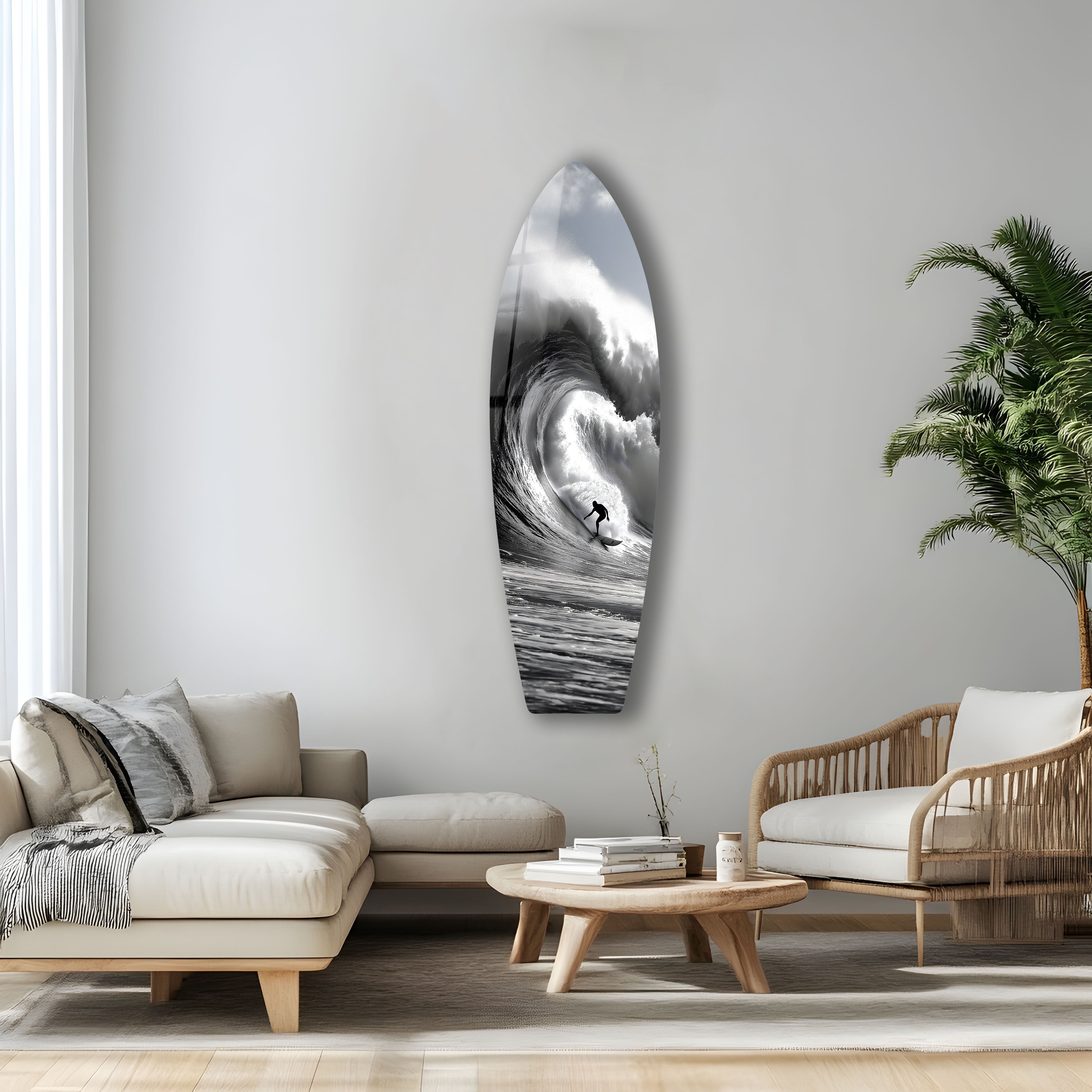 Black and White Surfboard Wall Art - Coastal Decor for Beach House, Surf Shop & Ocean-Themed Rooms - Perfect for Living Room, Bedroom or Office