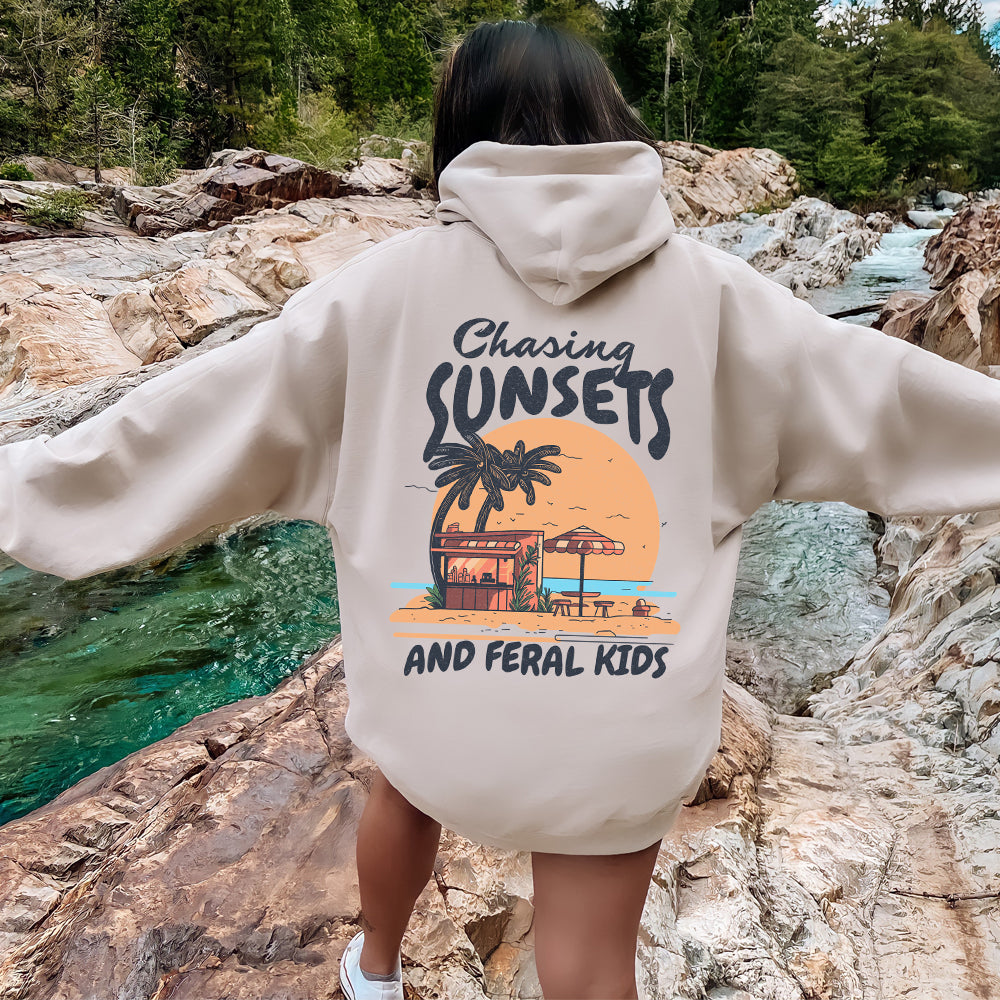 Chasing Sunsets & Feral Kids Pullover Hoodie - Cozy Fleece Sweatshirt for Men & Women - Perfect for Casual Wear, Street Style & Outdoor Adventures