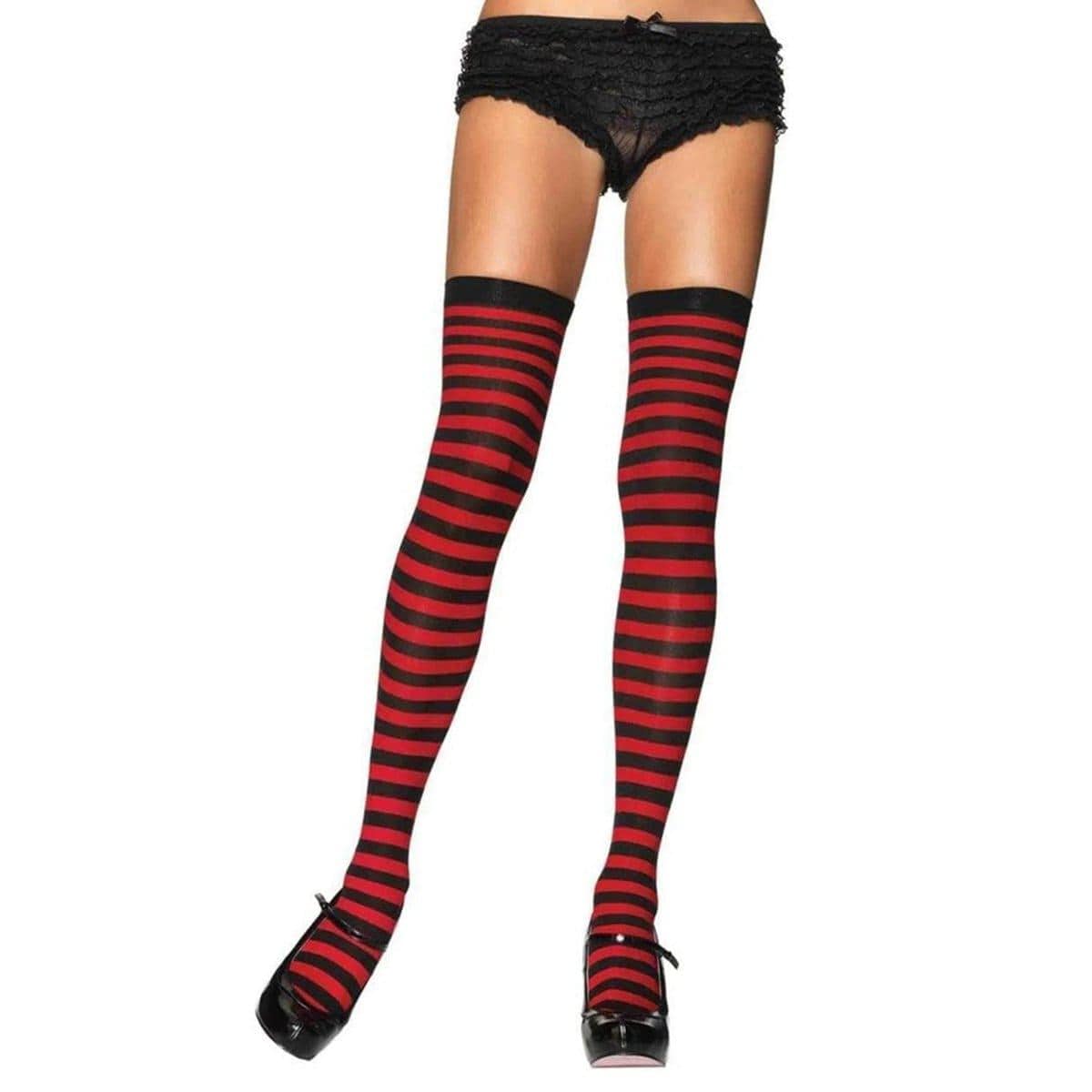 Black & Red Striped Nylon Thigh High Socks for Women - Fashionable Knee-High Stockings for Cosplay, Halloween, and Winter Outfits