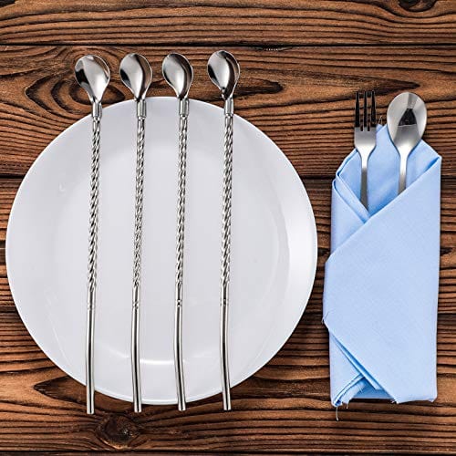 8-Piece Stainless Steel Spoon Straw Set - 8.7 Inch Reusable Bar Spoons for Mixing, Stirring & Drinking - Perfect for Iced Tea, Cocktails, Smoothies & Coffee Shops