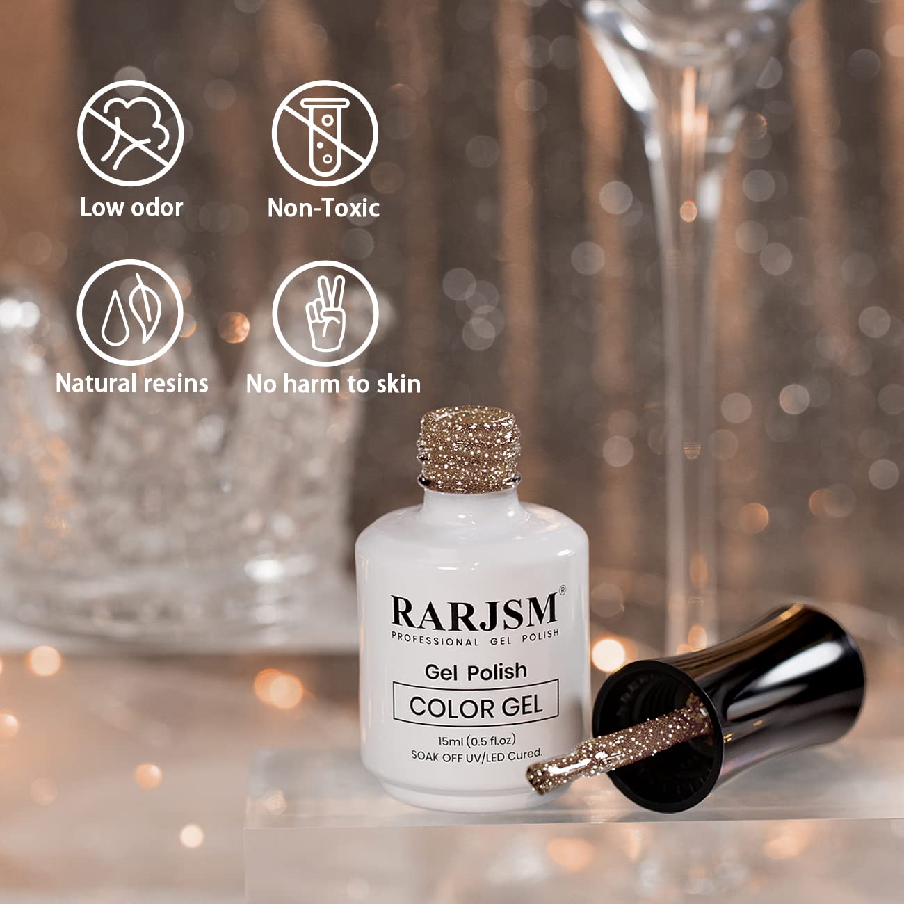 RARJSM Champagne Brown Reflective Glitter Gel Nail Polish - Soak Off Disco Shimmer UV LED Curing Nail Gel (15ml/0.5oz) for Home Salon & DIY Manicure - Perfect for Parties, Weddings, and Special Occasions