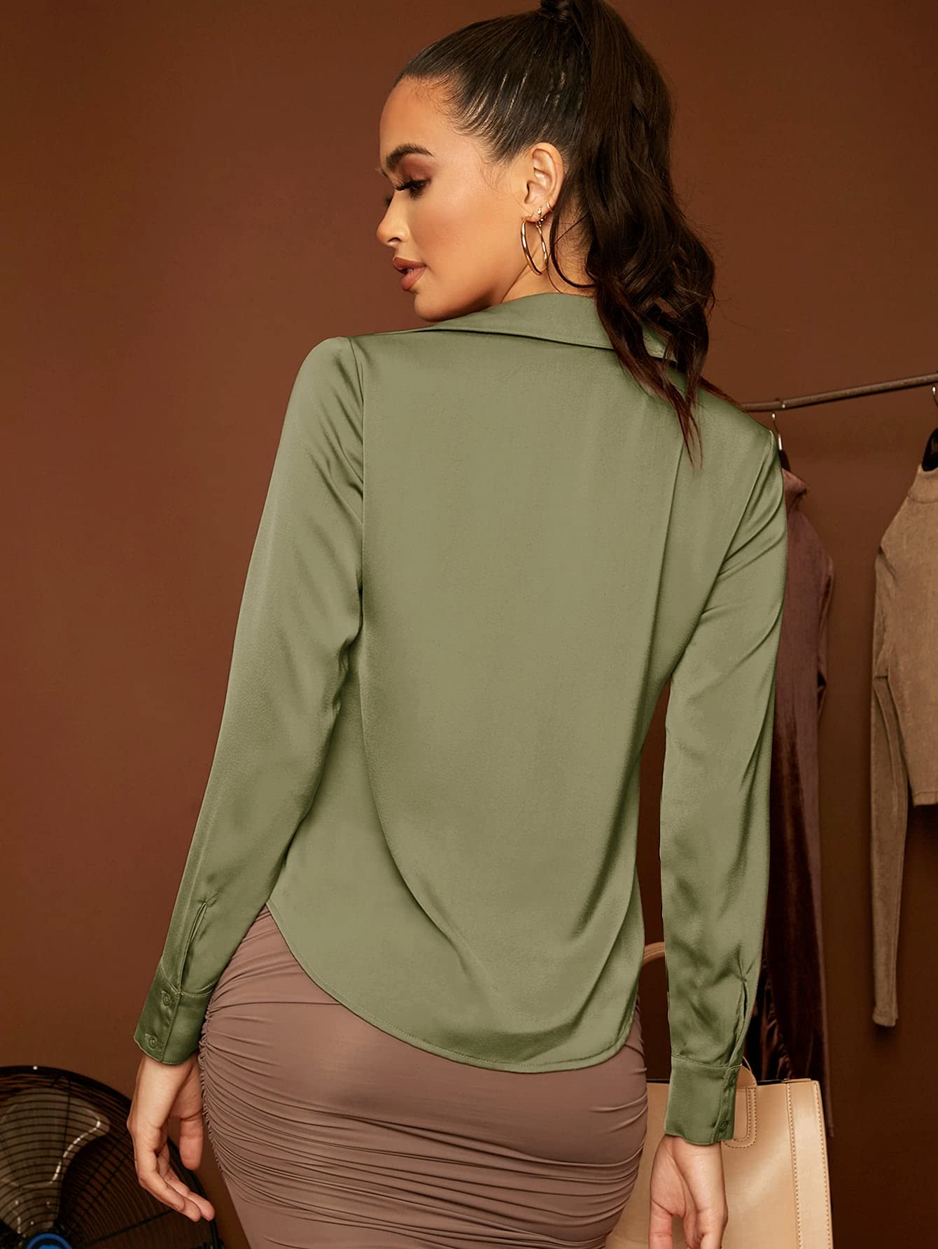 Floerns Women's Satin Long Sleeve Button Up Blouse - Elegant Silky Shirt for Work, Office & Business Casual Wear - Plus Size & Regular Fit Available
