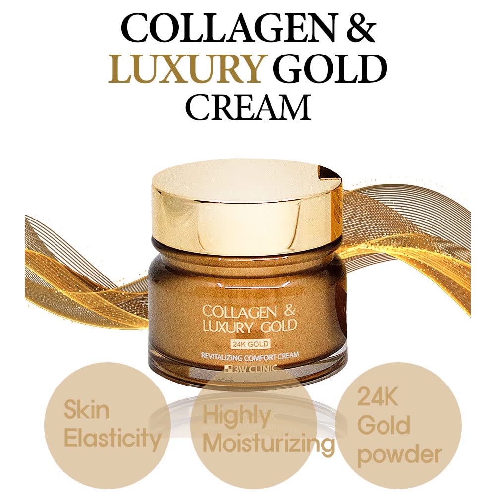 3W Clinic Collagen Luxury Gold Moisture Facial Cream 100ml (3.38 fl.oz) with Shea Butter & 24K Gold - Anti-Aging Hydrating Face Moisturizer for Women - Day & Night Cream for Dry, Sensitive Skin - Perfect for Daily Skincare Routine & Spa Treatments