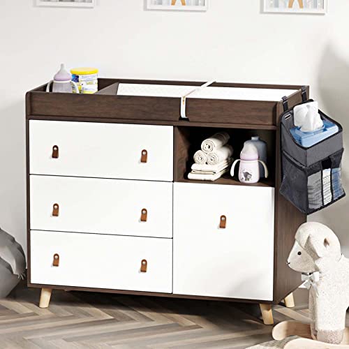 BANIROMAY Baby Changing Table Dresser with 3 Drawers - Waterproof Diaper Changing Pad, Safety Belt & Hidden Trash Storage - Sturdy Nursery Furniture for Baby Room Organization (White) - Perfect for Newborn Care & Toddler Diaper Changes