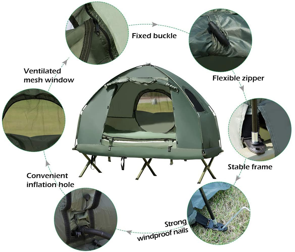 **Moccha Folding Camping Tent Cot with Sleeping Bag & Air Mattress – Elevated Portable Outdoor Tent with Carry Bag for Camping, Hiking, Picnic & Backpacking Adventures**    *(Perfect for Family Camping Trips, Solo Backpacking, and Weekend Getaways!)*