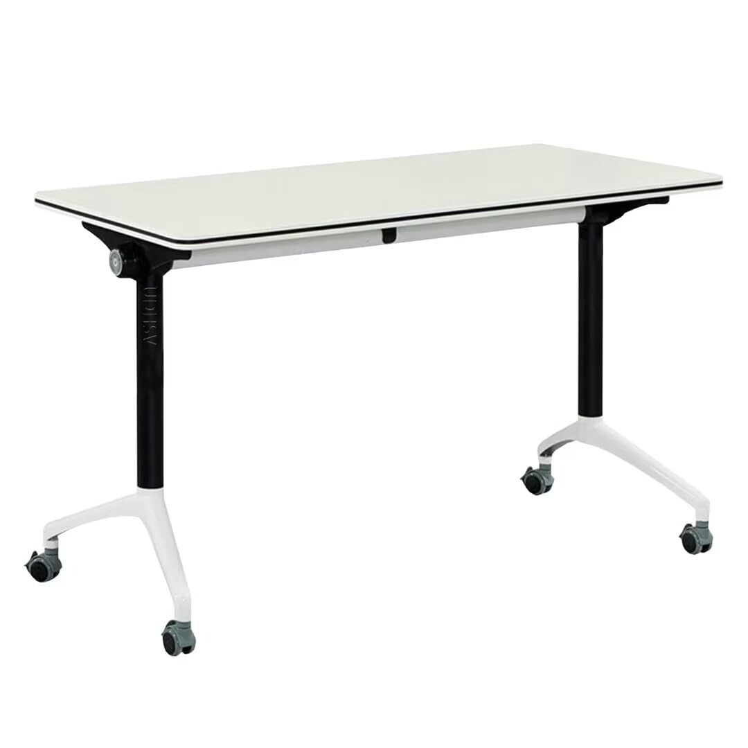 Modern Folding Flip Top Mobile Conference Table with Wheels - 47.2×23.6×29.5 Inches White - Portable Office Training Table for Meetings, Classrooms & Workspaces - Easy to Move & Space-Saving Design