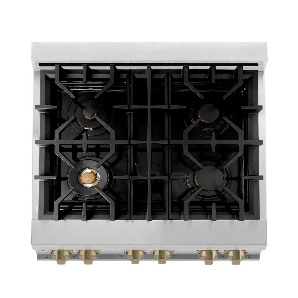ZLINE Autograph Edition 30-inch Stainless Steel Dual Fuel Range with Range Hood - Champagne Bronze Accents (2AKP RARH30 CB) | Professional Kitchen Upgrade for Home Chefs & Culinary Enthusiasts