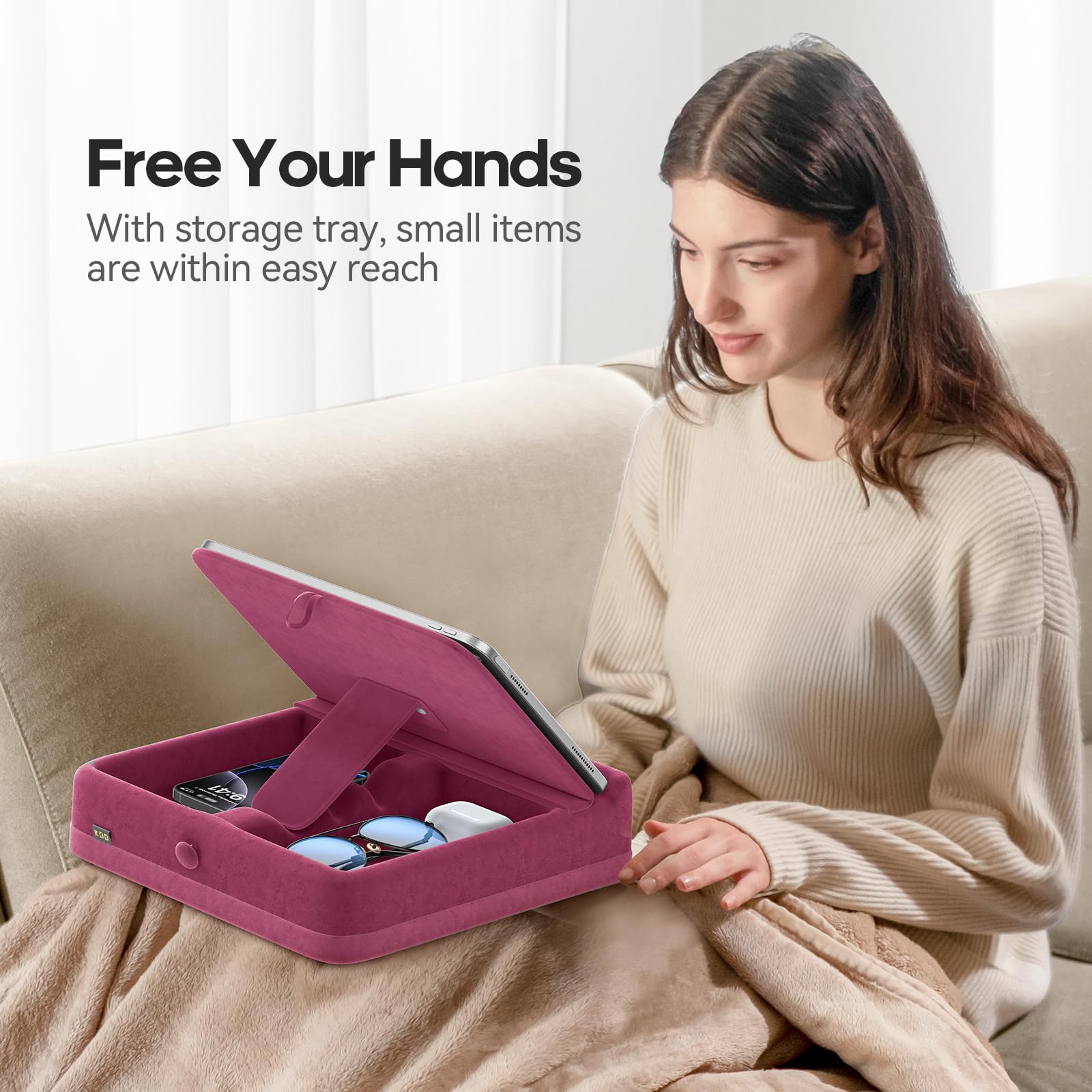 Foldable Tablet Pillow Stand with Storage - Adjustable Angle iPad Holder for Lap, Desk & Bed - Soft Pad Dock with Stylus Mount - Compatible with iPad Pro/Air/Mini, Kindle, Samsung Tablets & Phones (4-13