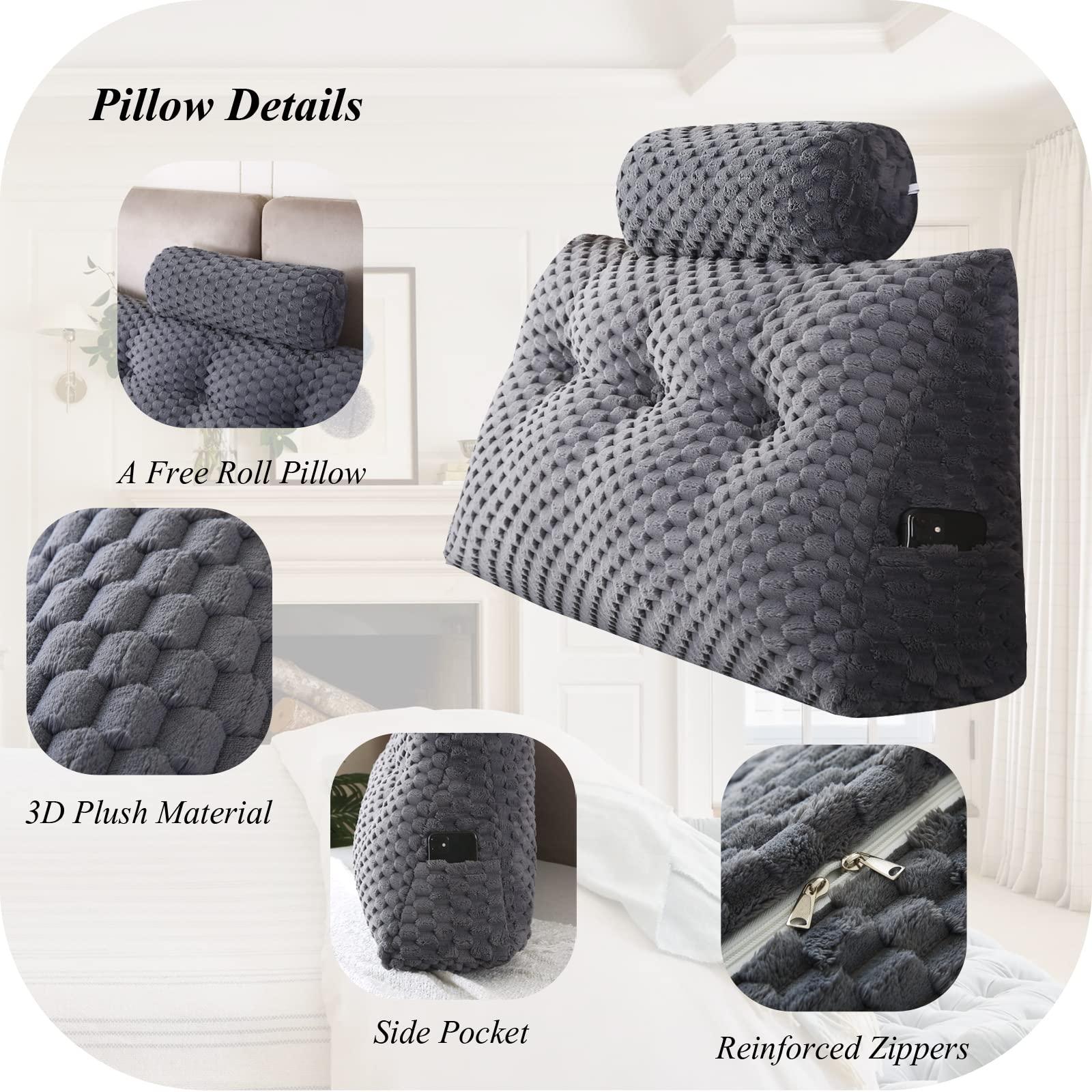 **Wedge Headboard Pillows Set - 2 Large Bolster Pillows for Bed Rest, Reading & Back Support - Comfortable Backrest Positioning for Sitting in Bed, Sofa & Relaxation**