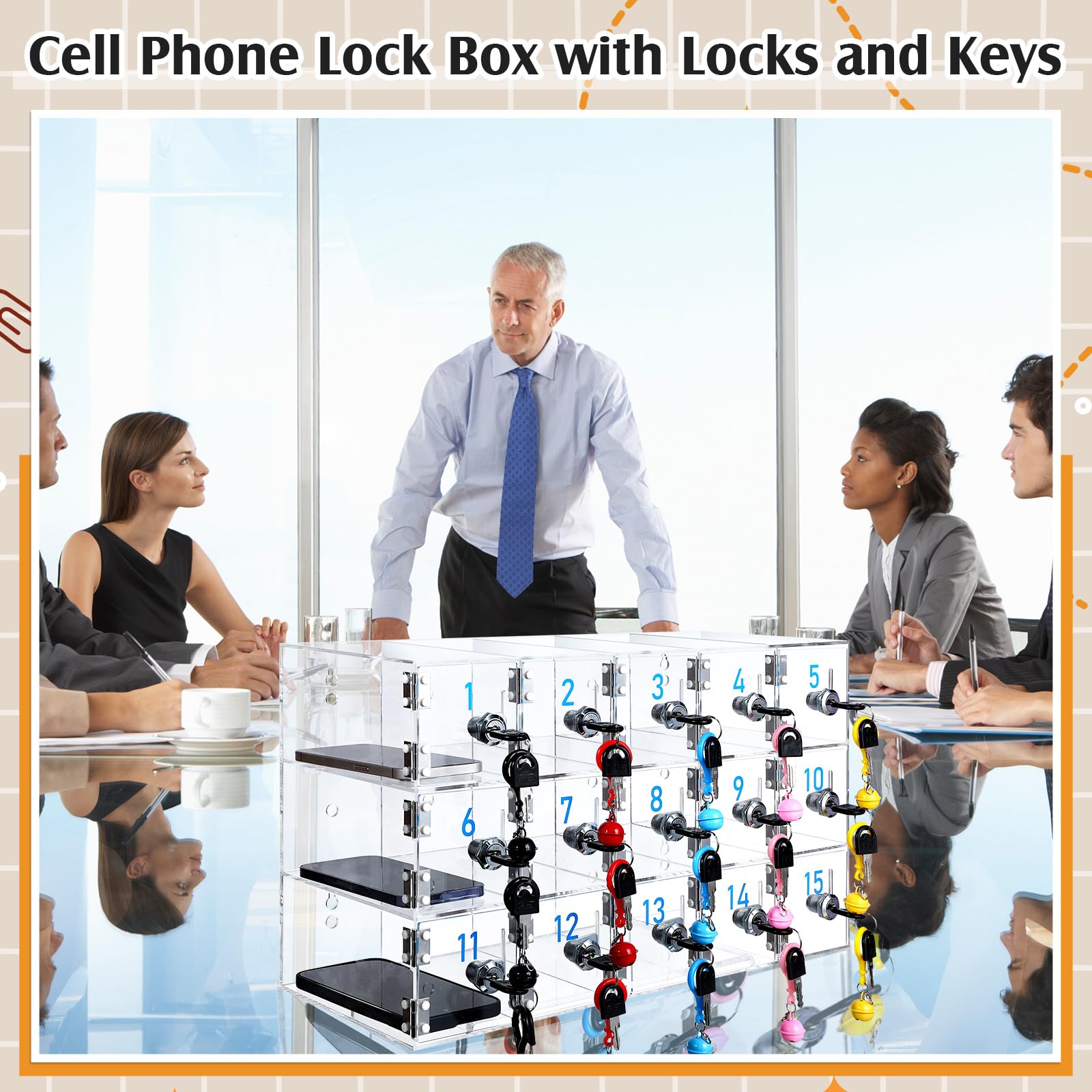 15-Door Clear Acrylic Wall Mount Phone Locker Cabinet with Charging Port & Key Lock - Secure Cell Phone Storage for Classroom, Office, School, Factory (Upgraded Size) - Perfect for Employee Device Management & Student Phone Control