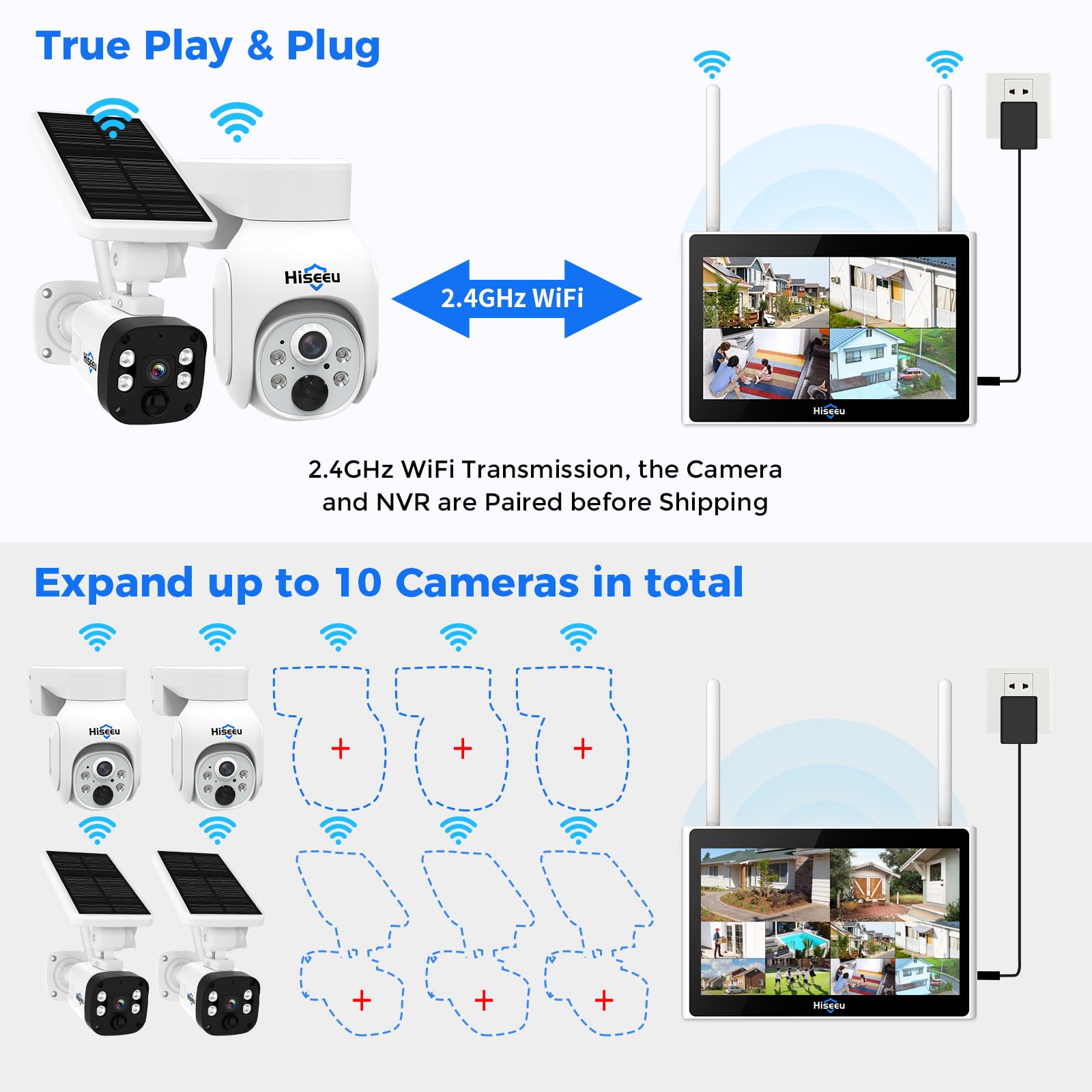 1TB HDD 4MP Solar Security Camera System - Hiseeu 10CH Wireless Outdoor PTZ Dome & Bullet Cameras with 10