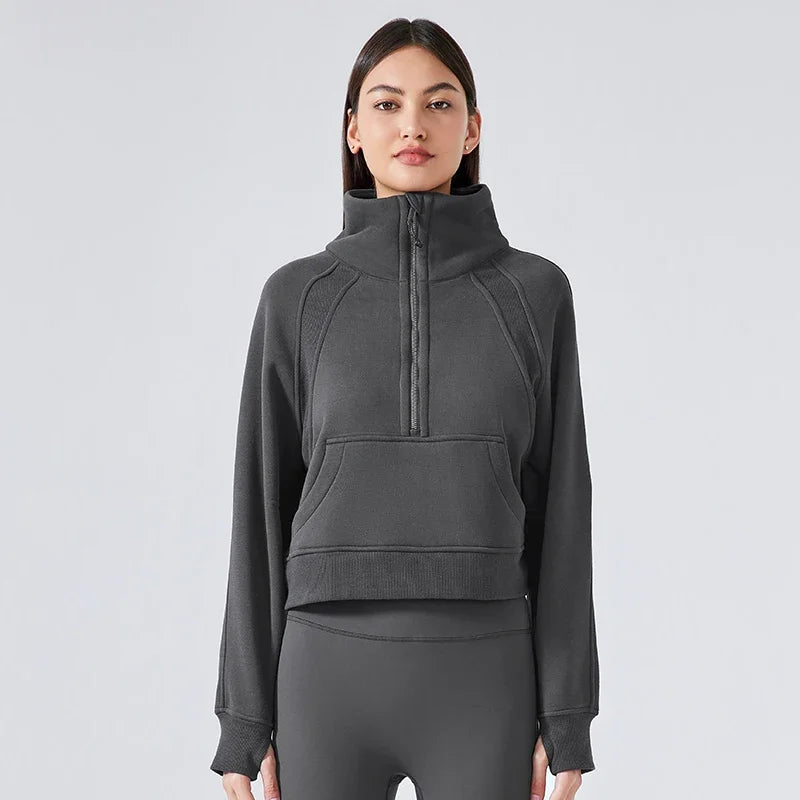 Women's Autumn Half-Zip Fleece Hoodie - Warm Stand Collar Pullover for Outdoor Sports & Casual Wear | Cozy Fall Layering Essential for Hiking, Running & Everyday Comfort