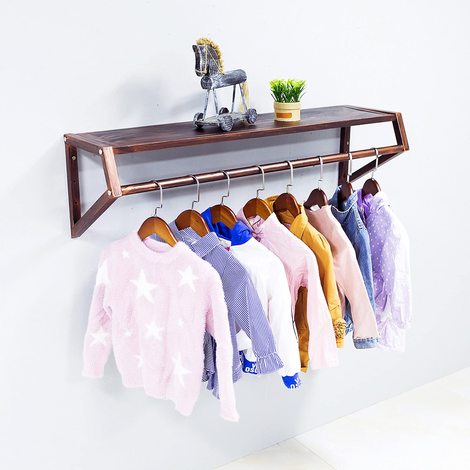 Wall-Mounted Garment Rack - Heavy Duty Metal Clothing Display Stand with Wooden Shelf for Boutique & Retail Stores | Perfect for Hanging Clothes, Jackets & Accessories in Home Closet or Commercial Spaces