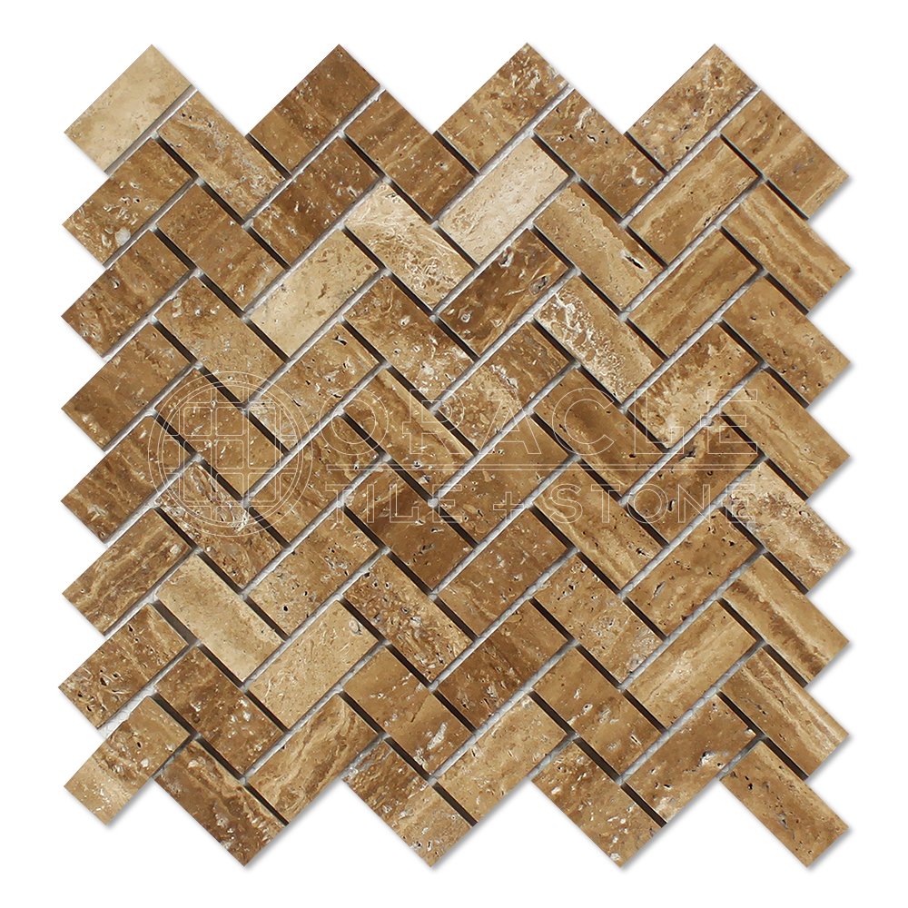 Premium Noce Vein-Cut Travertine Herringbone Mosaic Tile 1